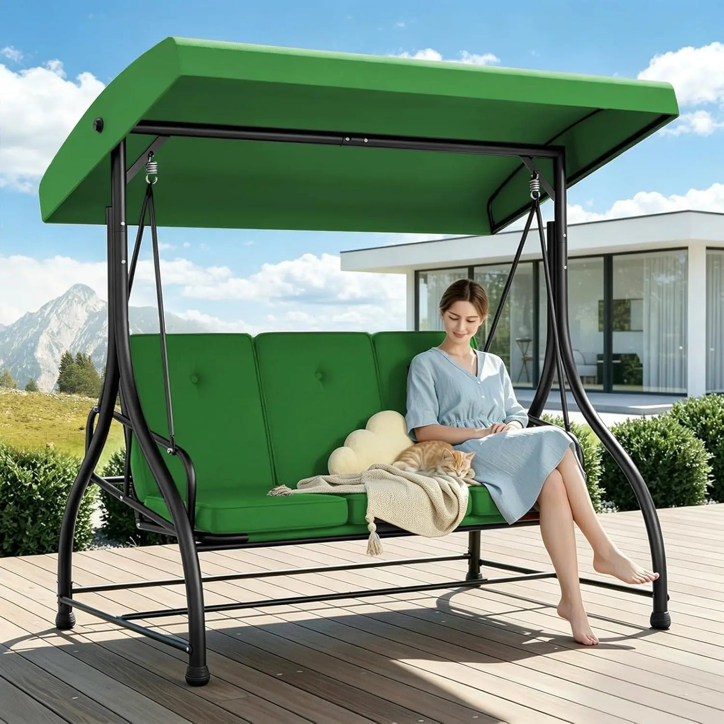 Three Seat Outdoor Patio Swing With Adjustable Canopy And Cushions