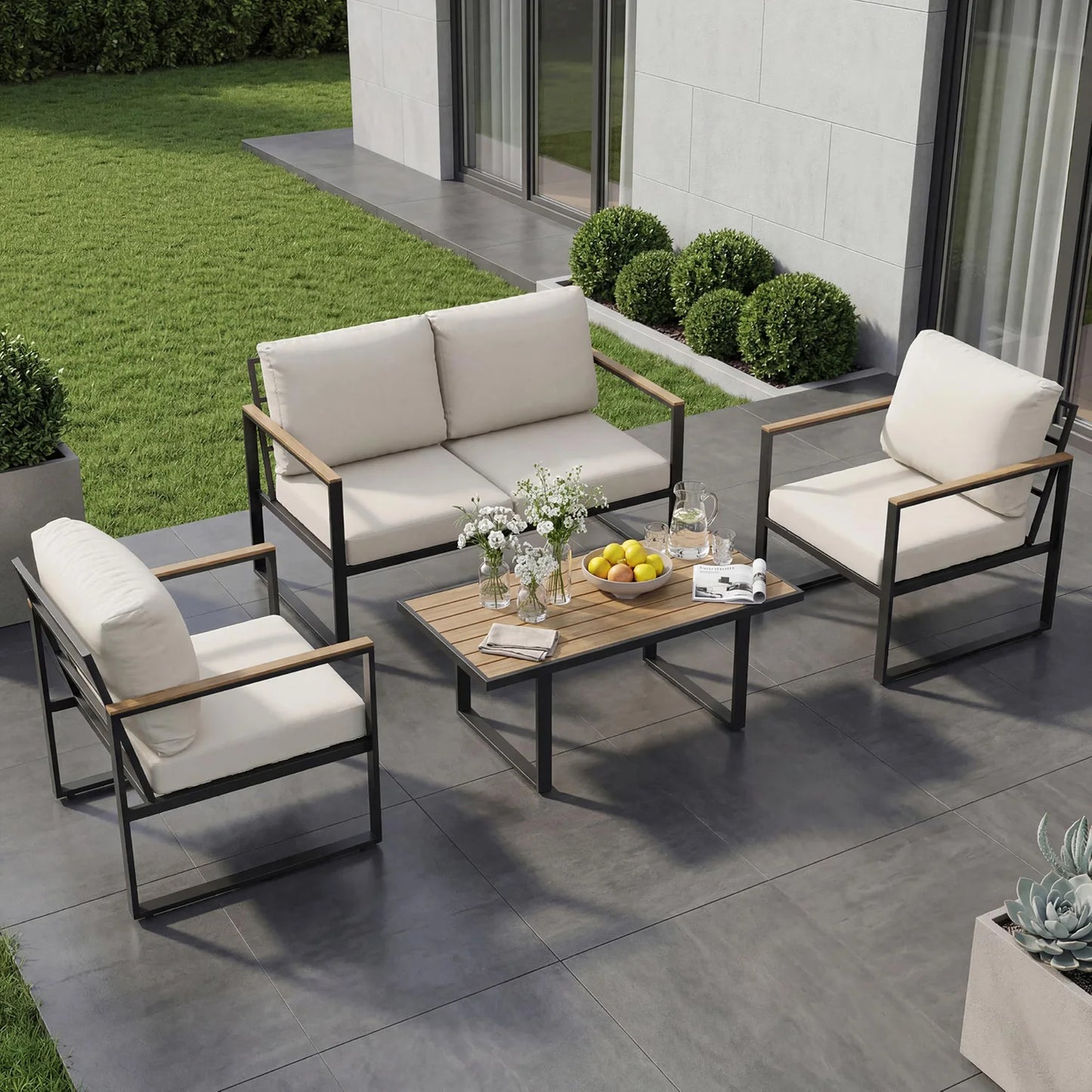 HobbyLane Modern 4-Piece Outdoor Patio Set With Coffee Table Cushions