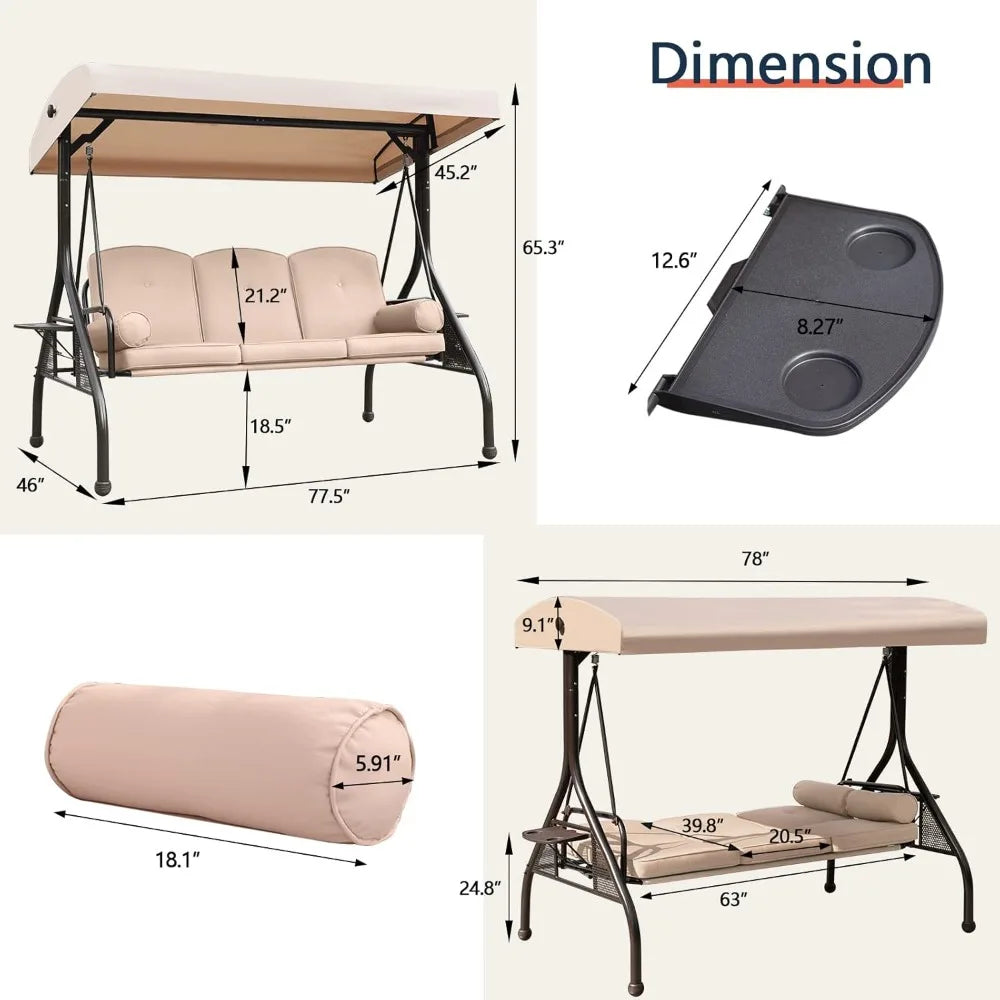 Patio Porch Swing 3-Seat Outdoor With Adjustable Canopy