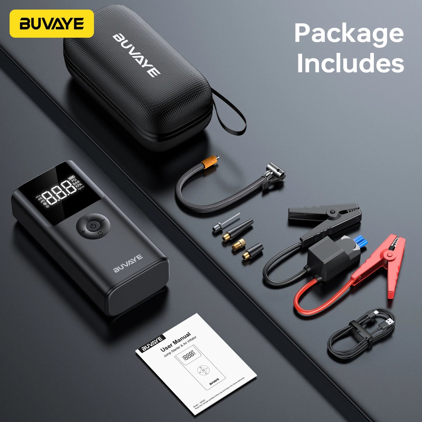 BUVAYE 12V Car Jump Starter With 150 PSI Air Compressor And Power Bank