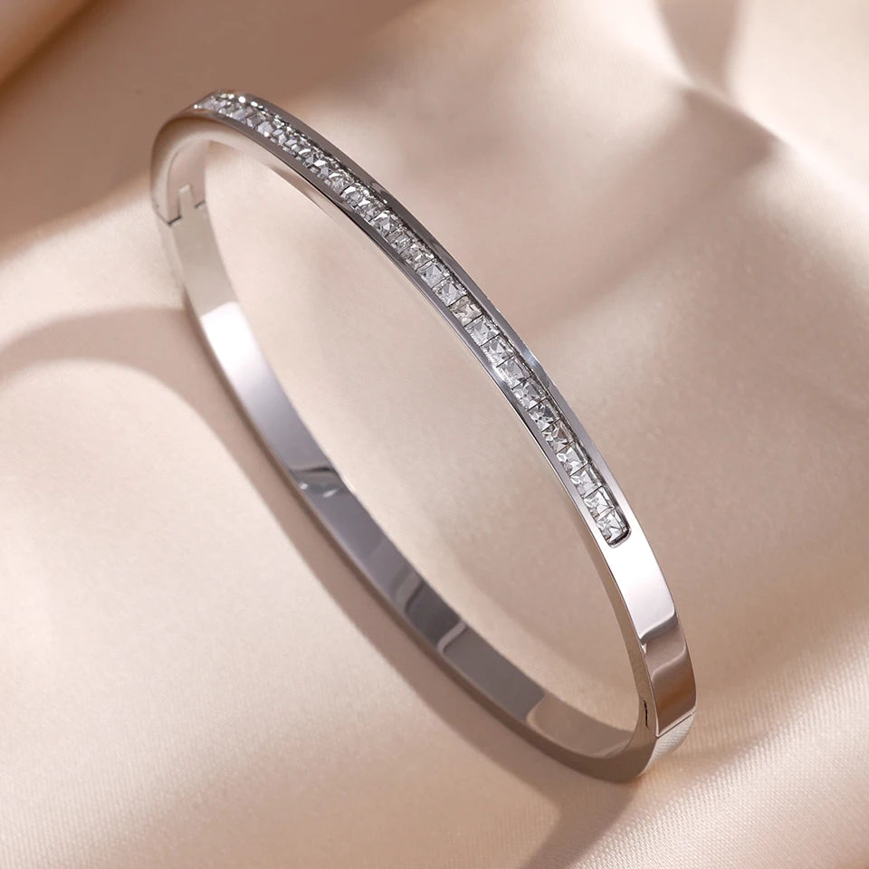 Sparkling Zirconia Stainless Steel Women Stackable Bangle Bracelet Set