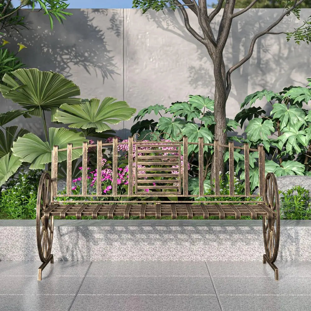 Patio Garden Bench With Builtin Table And Wagon Wheel Arms
