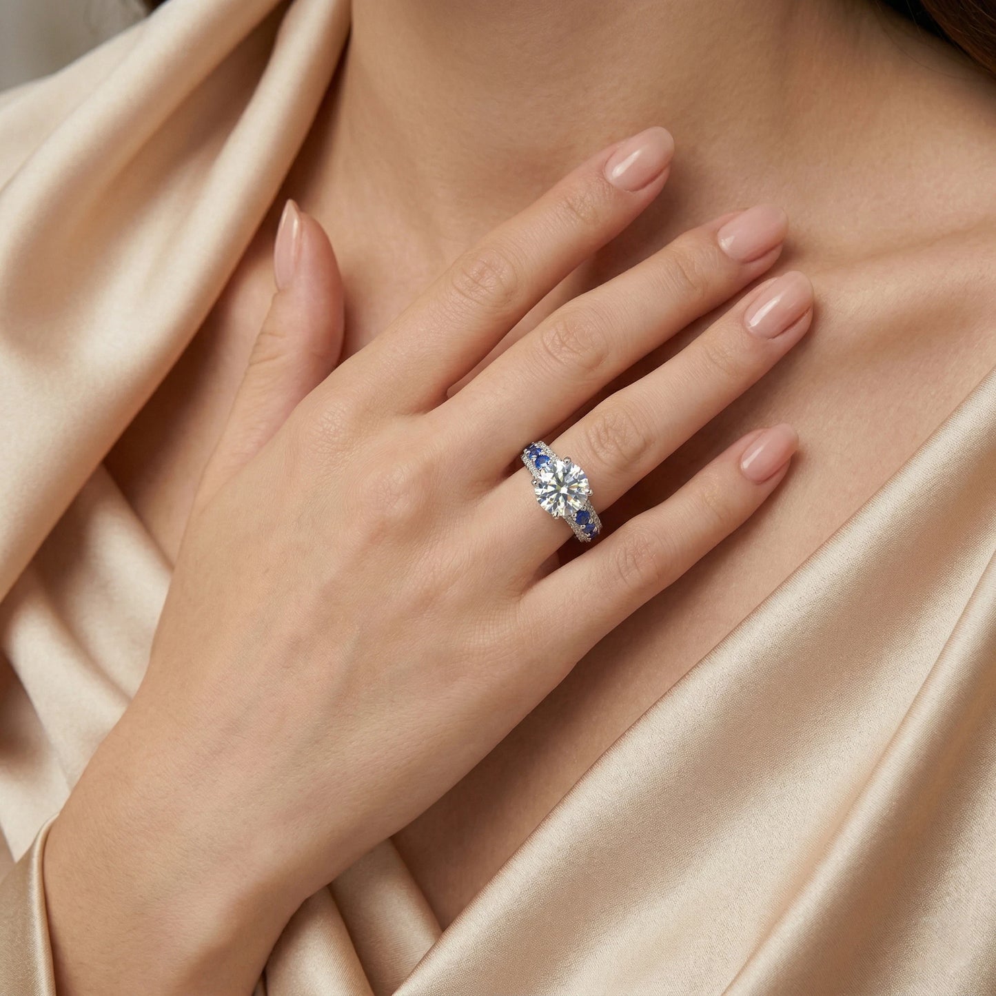 Moissanite Ring 925 Silver D Color VVS1 Sapphire Side Stones