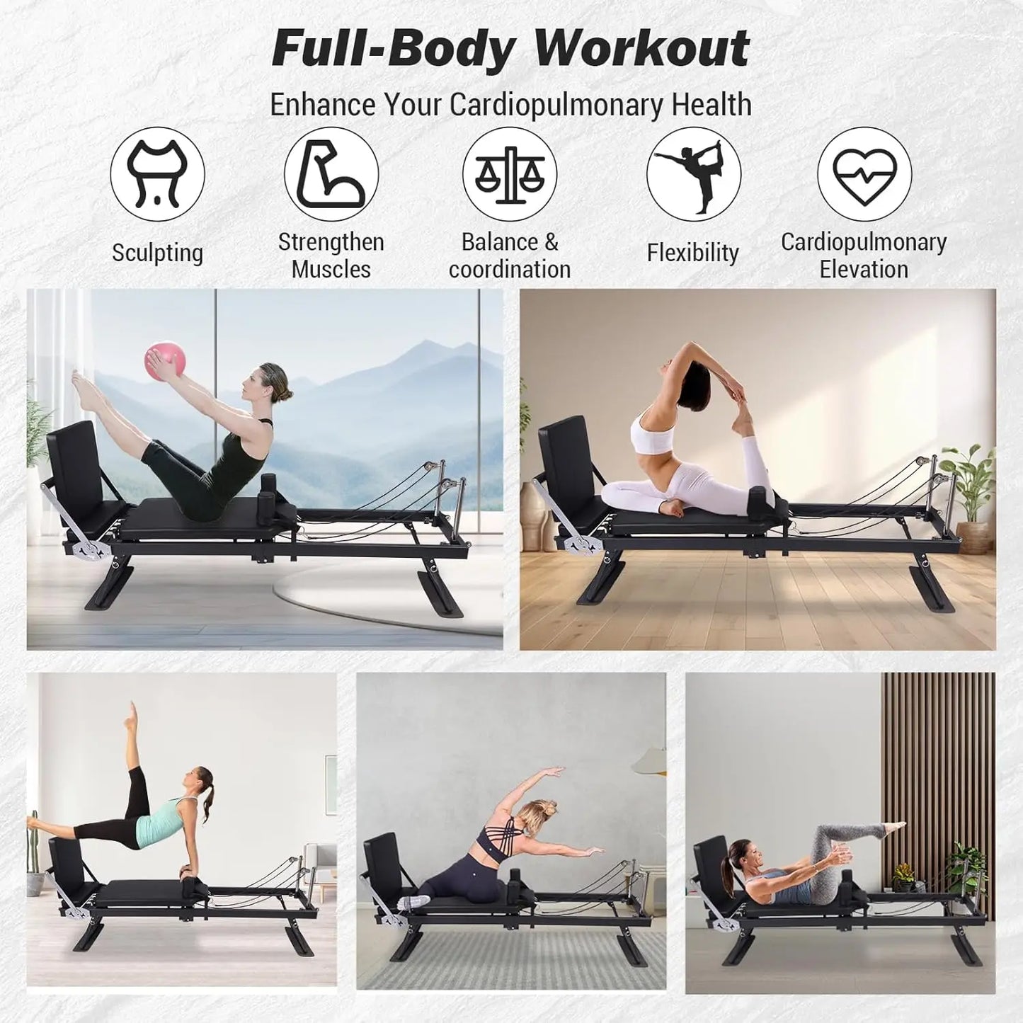 HiMISS Foldable Reformer Pilates Machine With Adjustable Heights And Springs