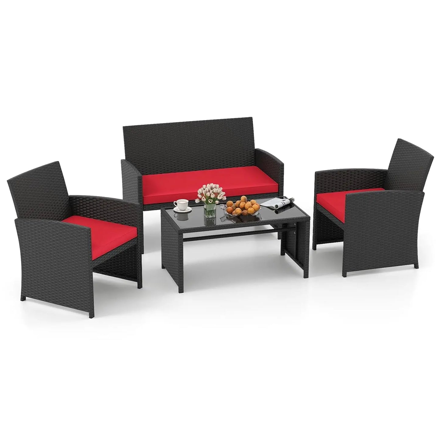 Patio Wicker Furniture Set With Cushioned Chairs And Glass Table