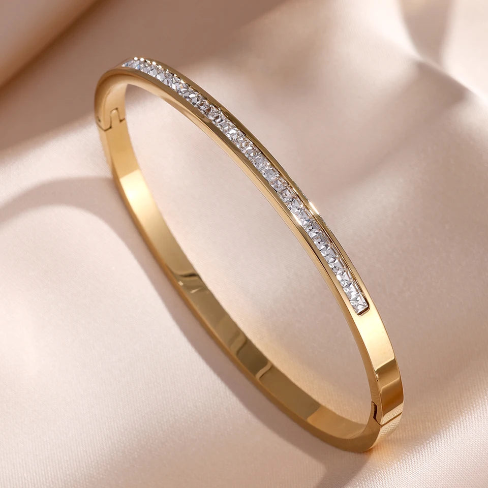 Sparkling Zirconia Inlaid Stainless Steel Stackable Bracelet Set For Women