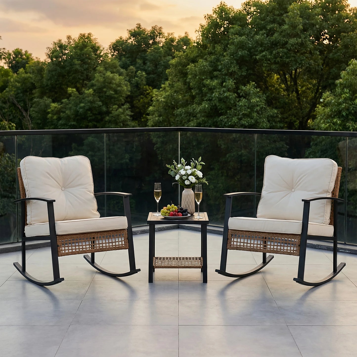 PIYRQ Rattan Rocking Chair Set Outdoor Patio Glider