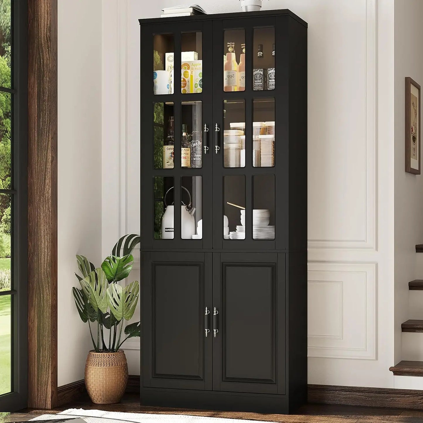 GUANGBAI Kitchen Pantry Storage Cabinet With LED Lights Glass Doors