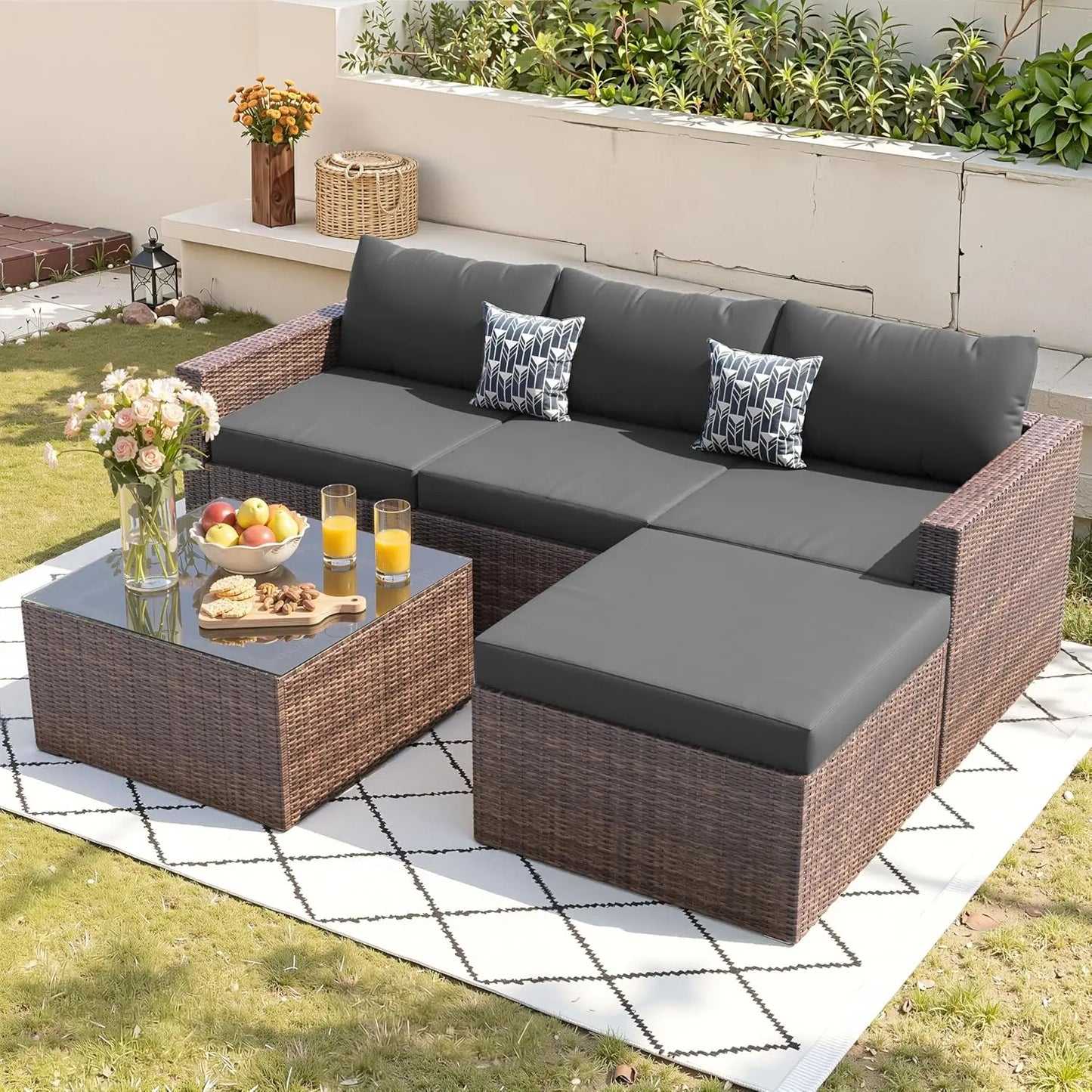 5 Piece Patio Furniture Set All-Weather Wicker Outdoor Sectional