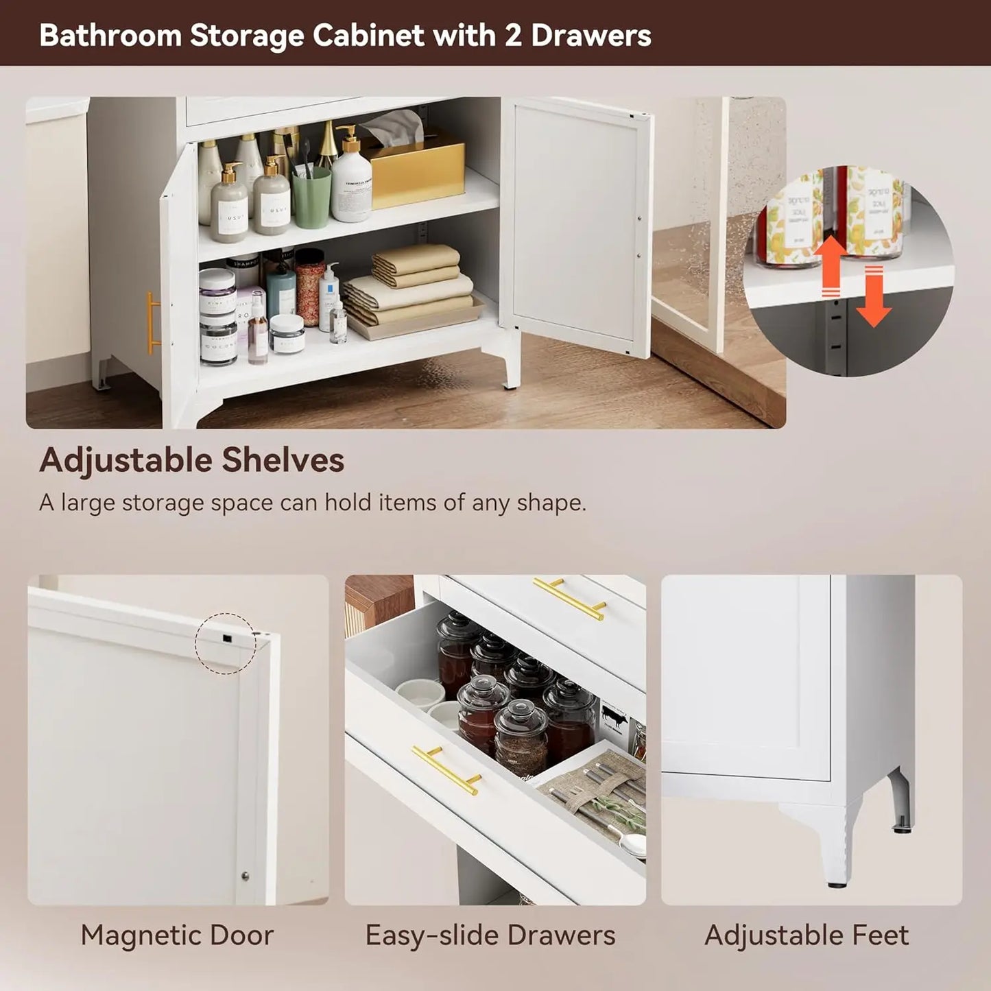 GUANGBAI Pantry Storage Cabinet With Metal Drawers And Adjustable Shelves