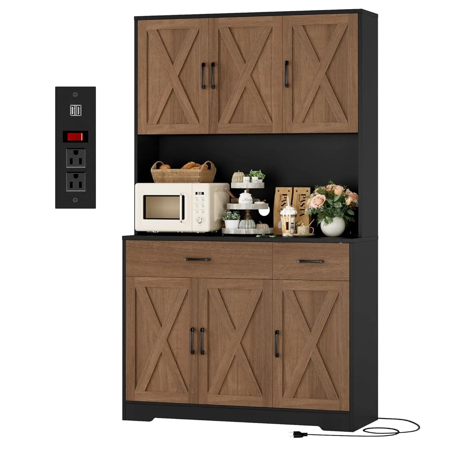 Chengwei Pantry Cabinet With Charging Station Farmhouse Style
