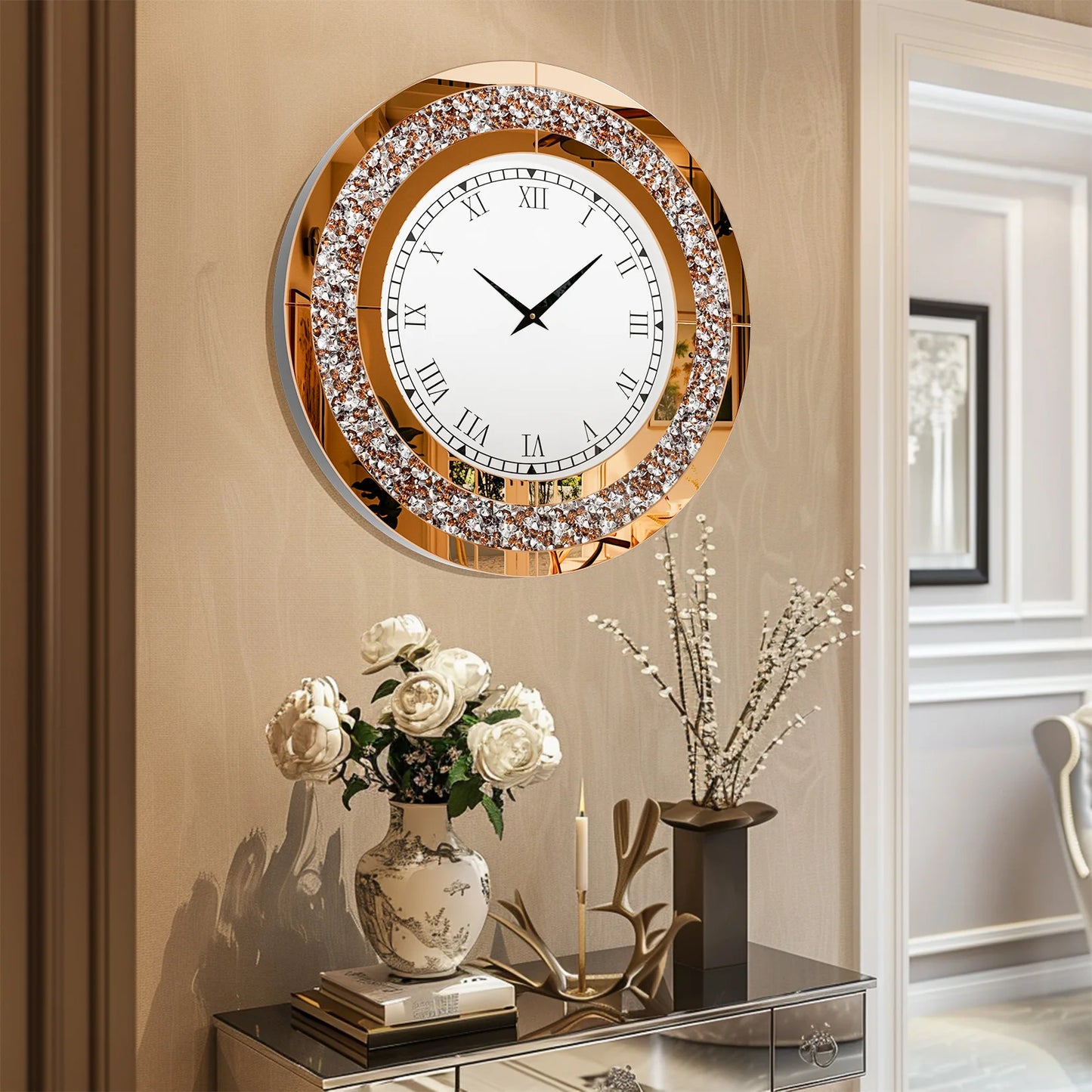 Round Mirror And Wall Clock Decor For Living Room Accent