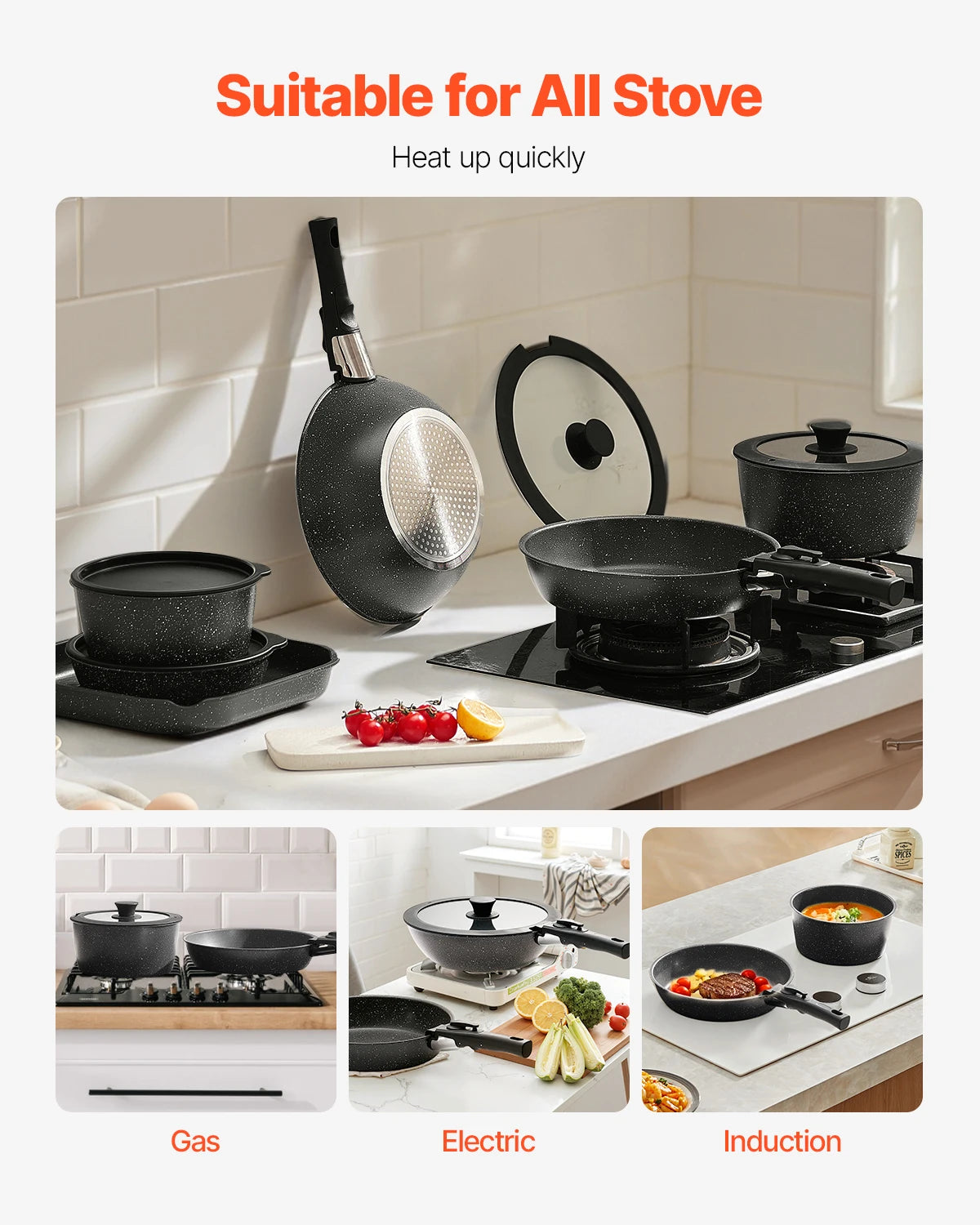 SucceBuy 17 Piece Nonstick Cookware Set Granite Induction Compatible