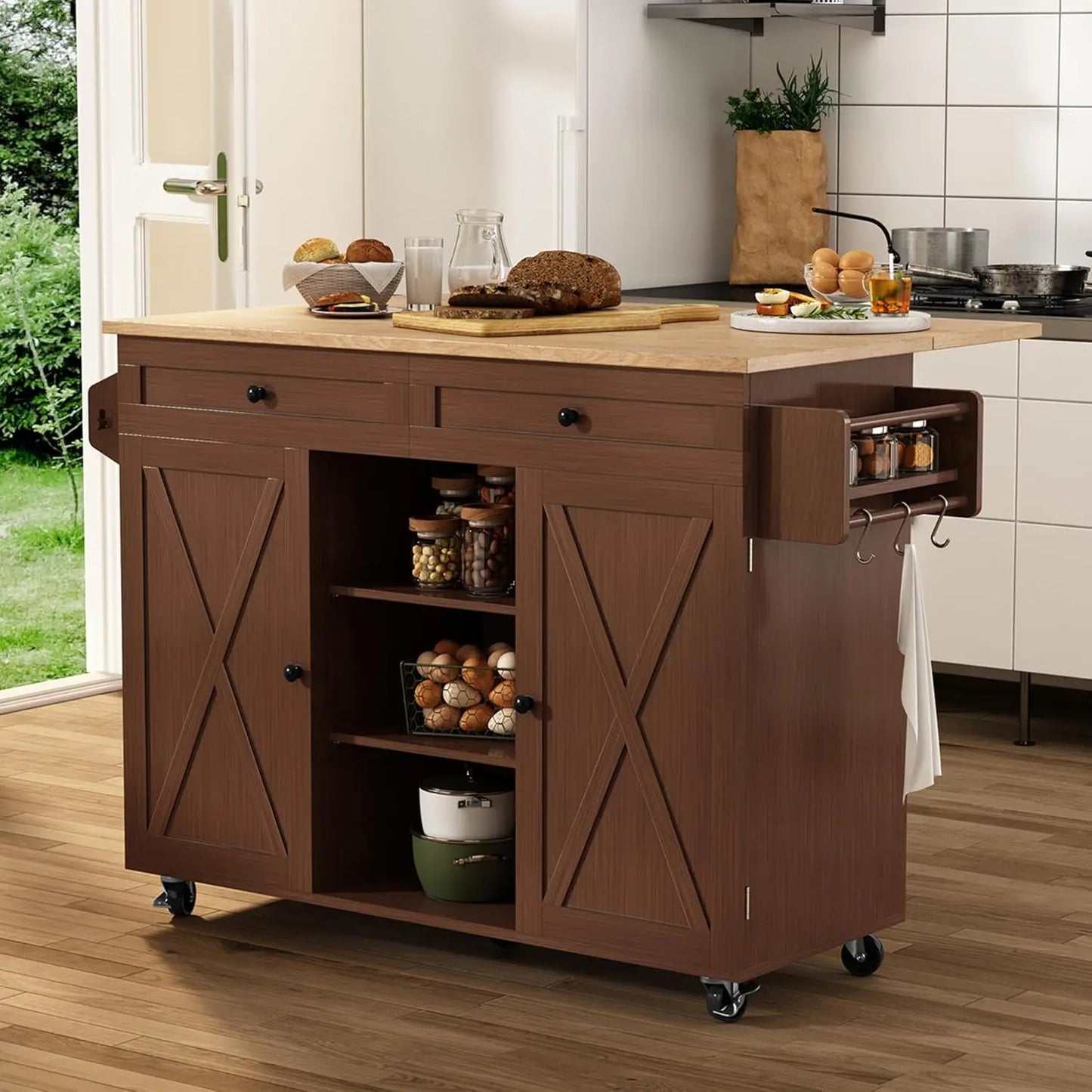Mobile Kitchen Island On Wheels With Drop Leaf Countertop Barn Door