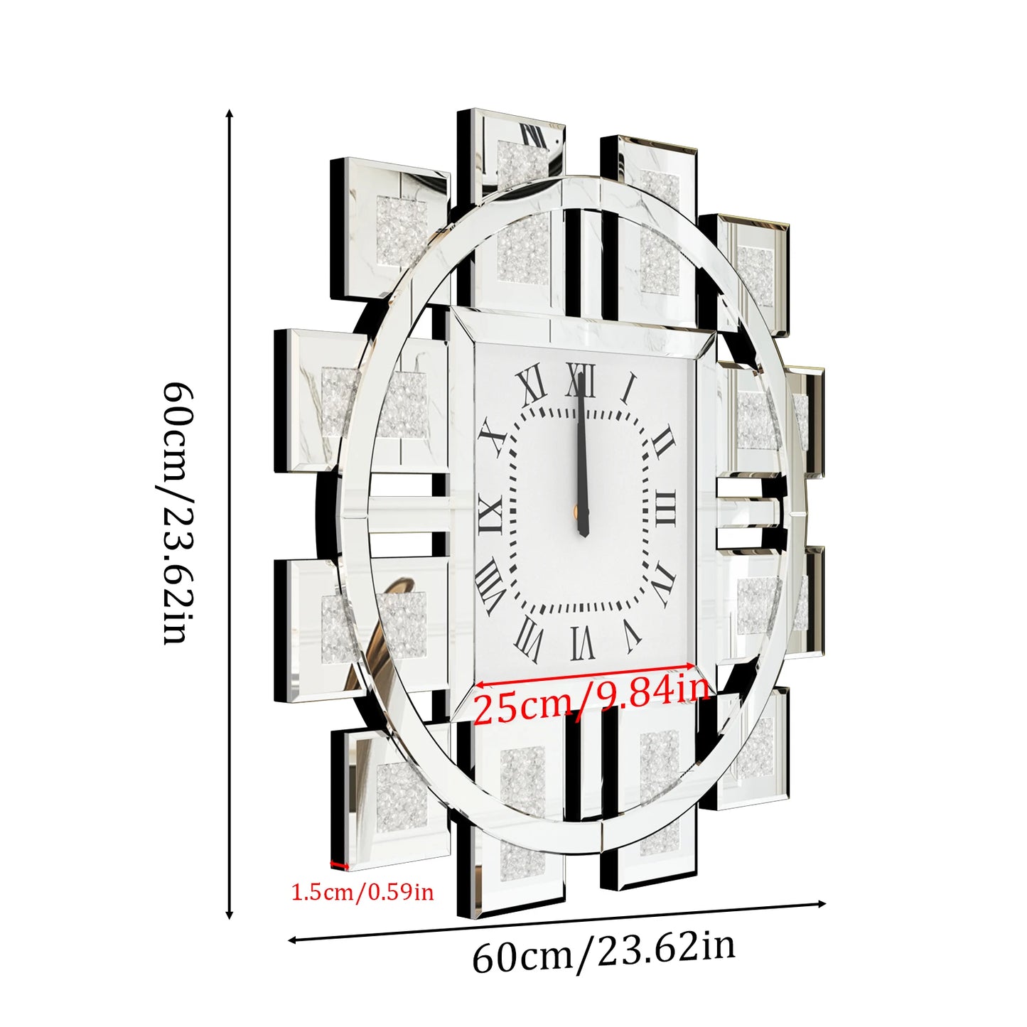 Irregular Crush Diamond Mirrored Wall Clock With Roman Numerals