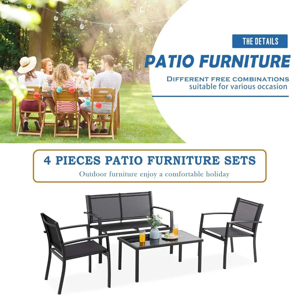 Outdoor 4-Piece Patio Furniture Set With Glass Coffee Table