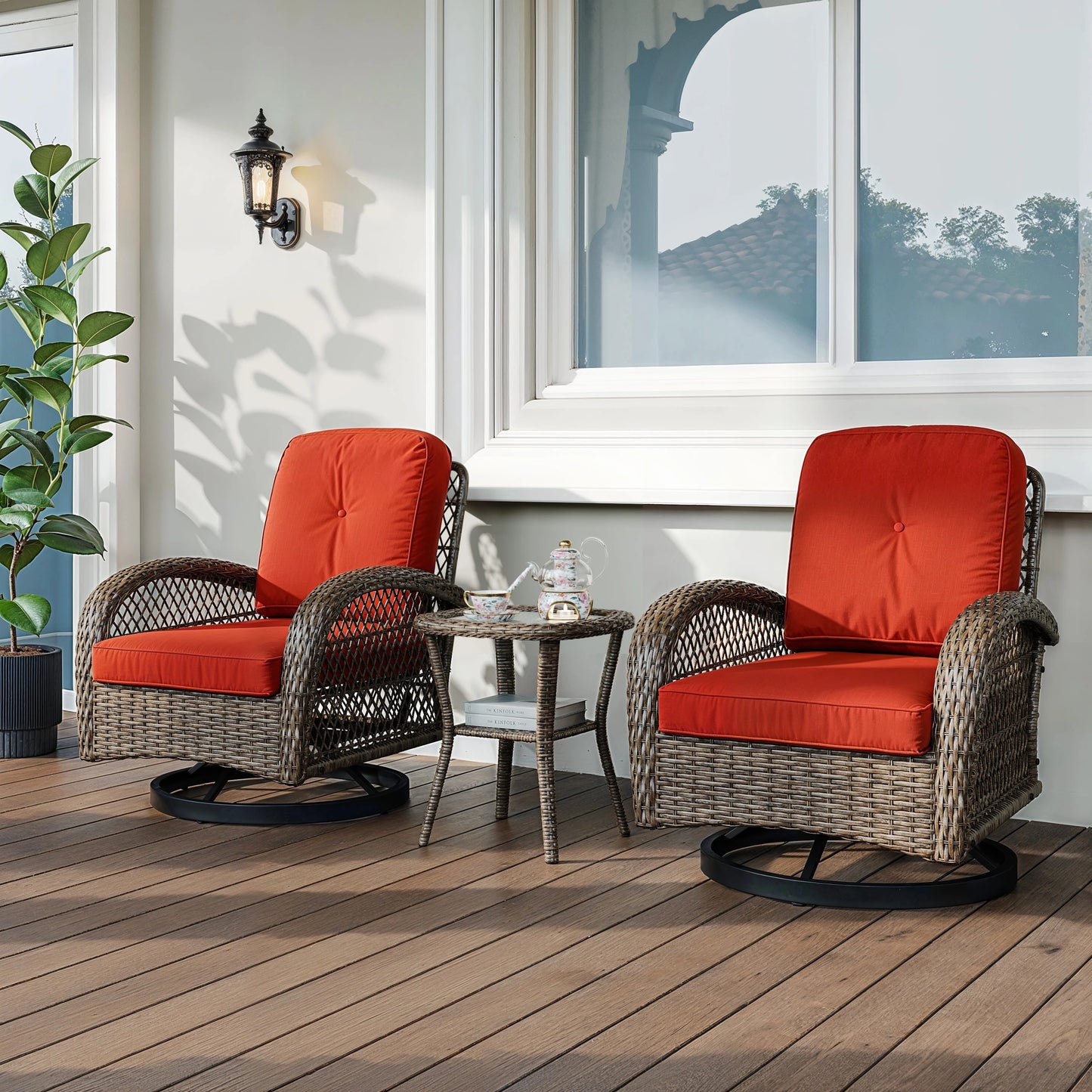 Outdoor Rotating Rocking Chair Patio Set with Padded Cushions