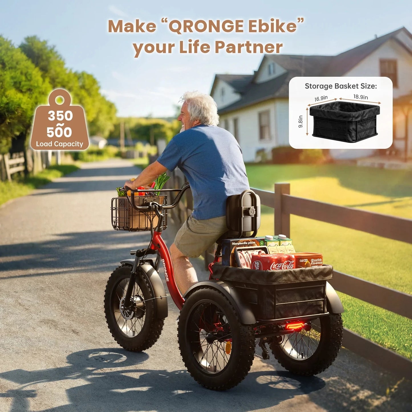QRONGE 960W Electric Fat Tire Trike For Adults With 36V Battery 50 Miles Range