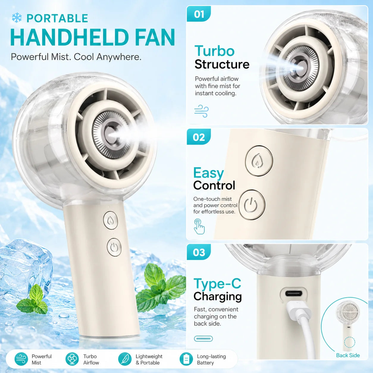 Misting Portable Handheld Fan 6000mAh Rechargeable Battery For Travel