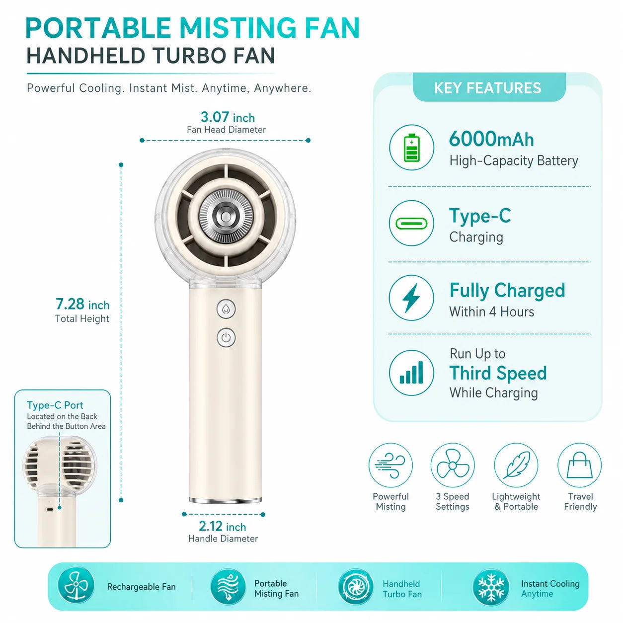 Misting Portable Handheld Fan 6000mAh Rechargeable Battery For Travel