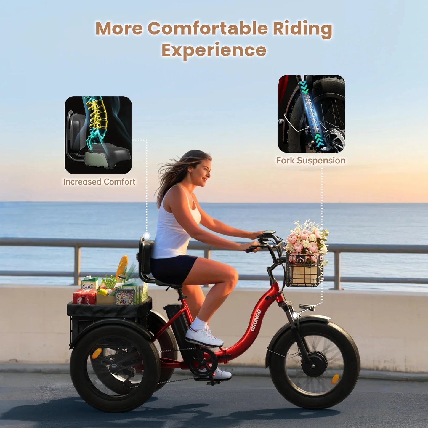 QRONGE 960W Electric Fat Tire Trike For Adults With 36V Battery 50 Miles Range