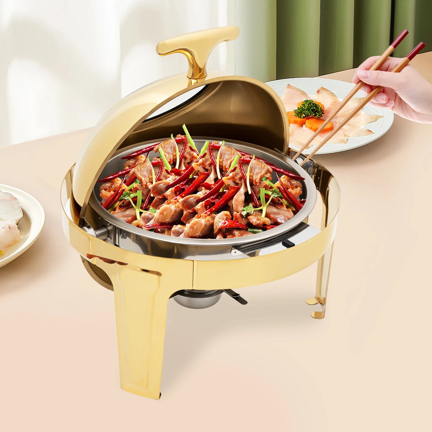 Round Chafing Dish Buffet Set With Roll Top Stainless Warmer