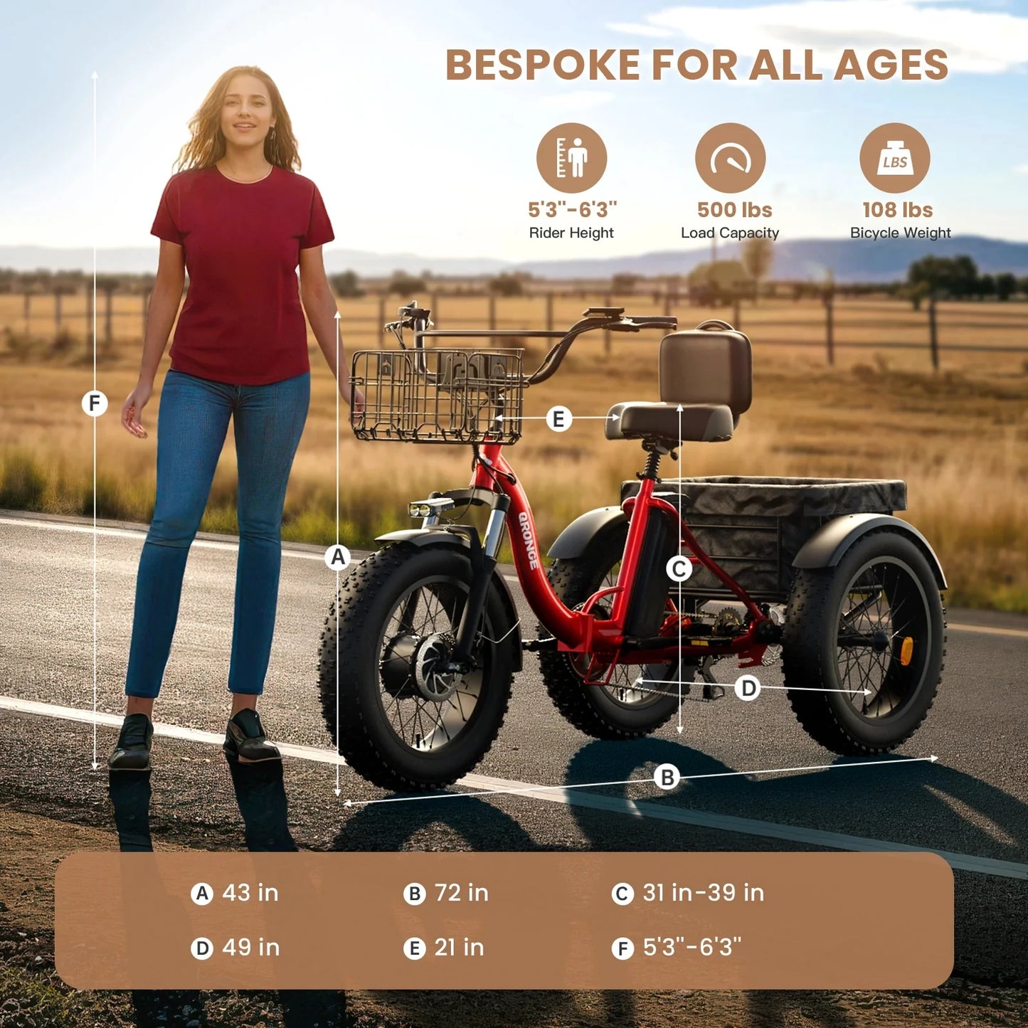 QRONGE 960W Electric Fat Tire Trike For Adults With 36V Battery 50 Miles Range