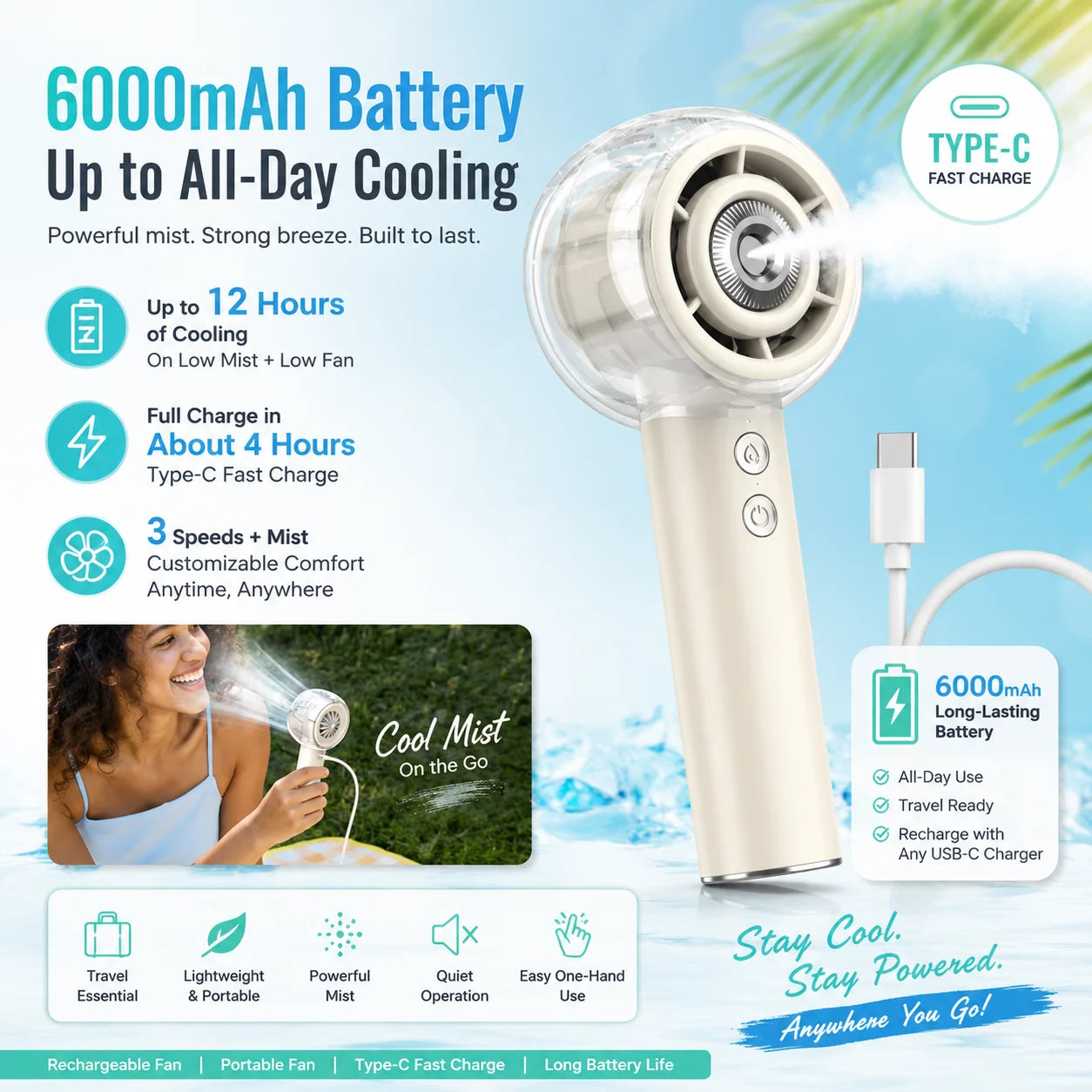 Misting Portable Handheld Fan 6000mAh Rechargeable Battery For Travel