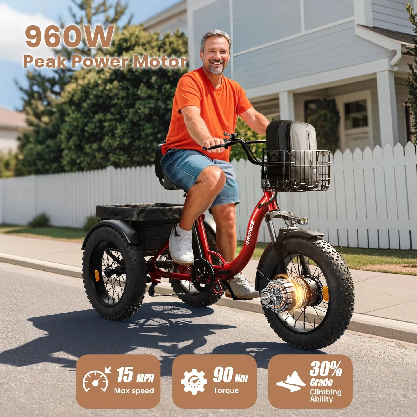 QRONGE 960W Electric Fat Tire Trike For Adults With 36V Battery 50 Miles Range