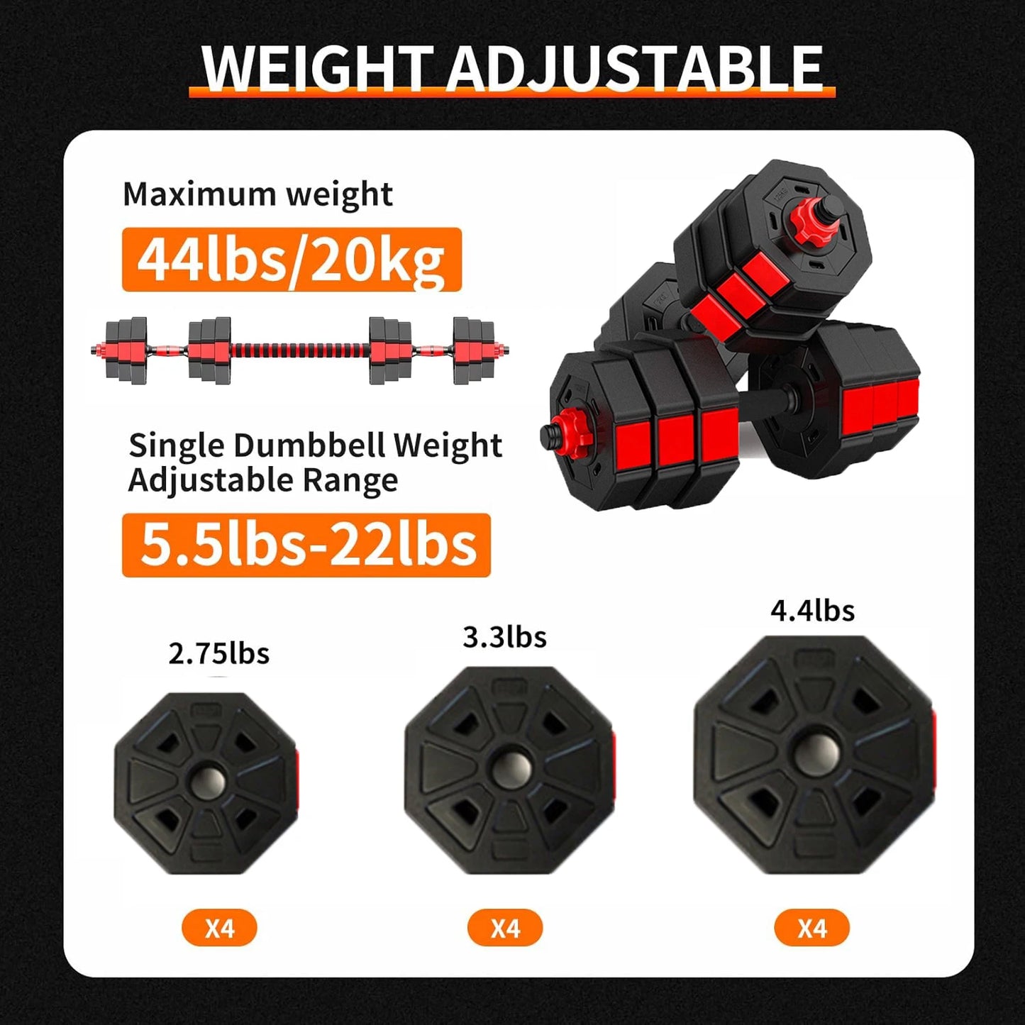 SQ44Pounds Adjustable Dumbbell To Barbell 3 In 1 Home Gym