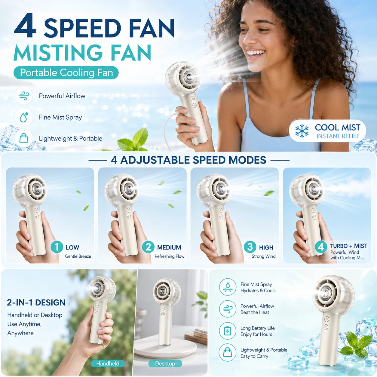 Misting Portable Handheld Fan 6000mAh Rechargeable Battery For Travel