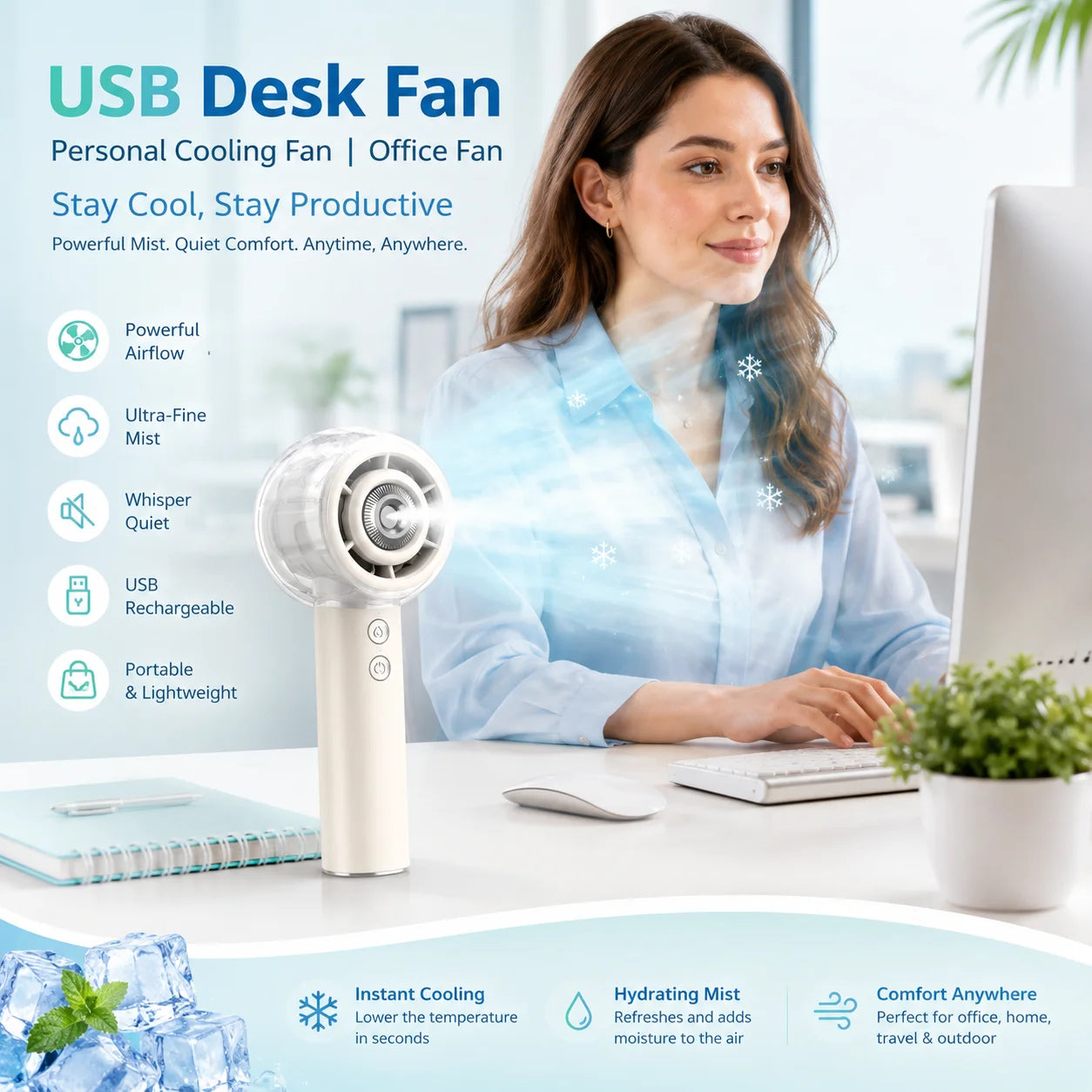 Misting Portable Handheld Fan 6000mAh Rechargeable Battery For Travel