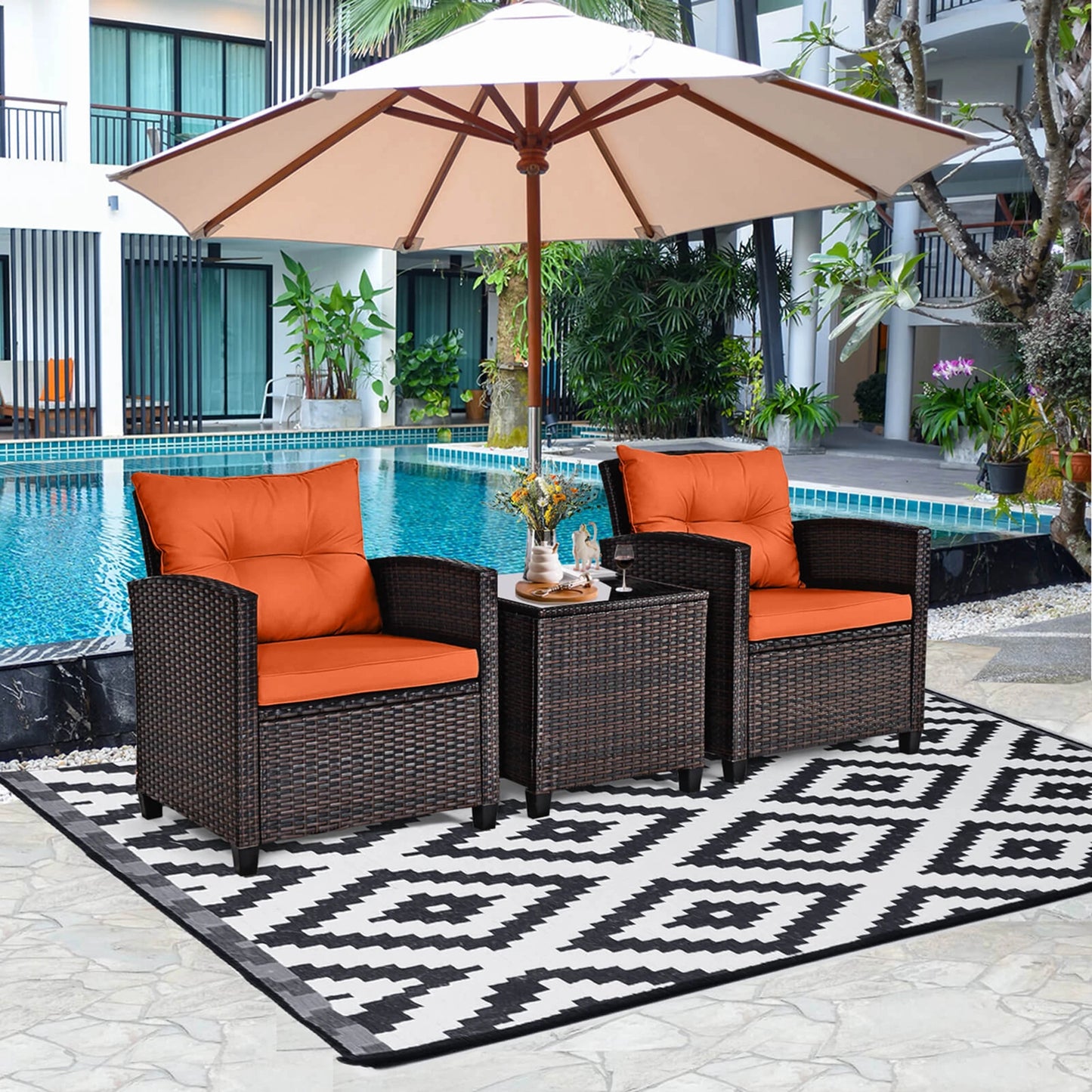 HOMASIS 3 Piece Outdoor Rattan Conversation Set Cushioned Sofa