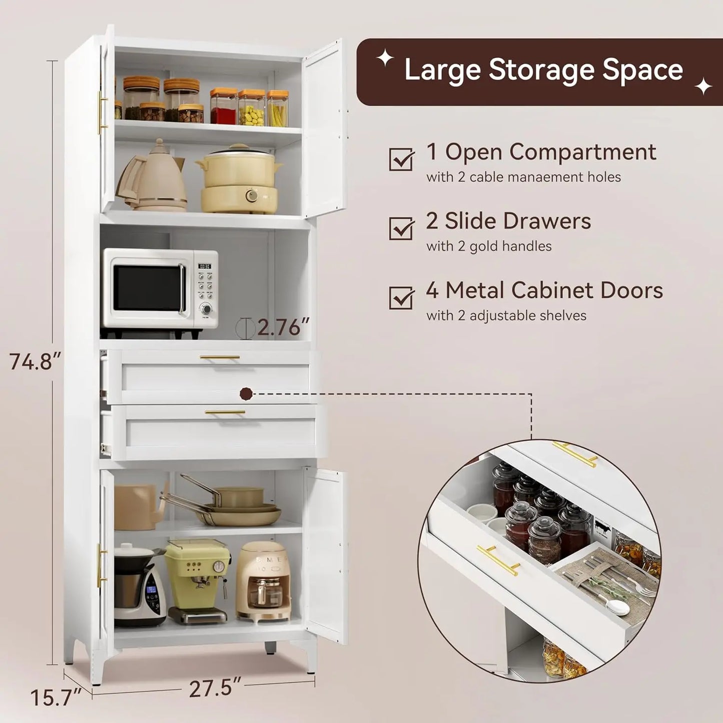 GUANGBAI Pantry Storage Cabinet With Metal Drawers And Adjustable Shelves