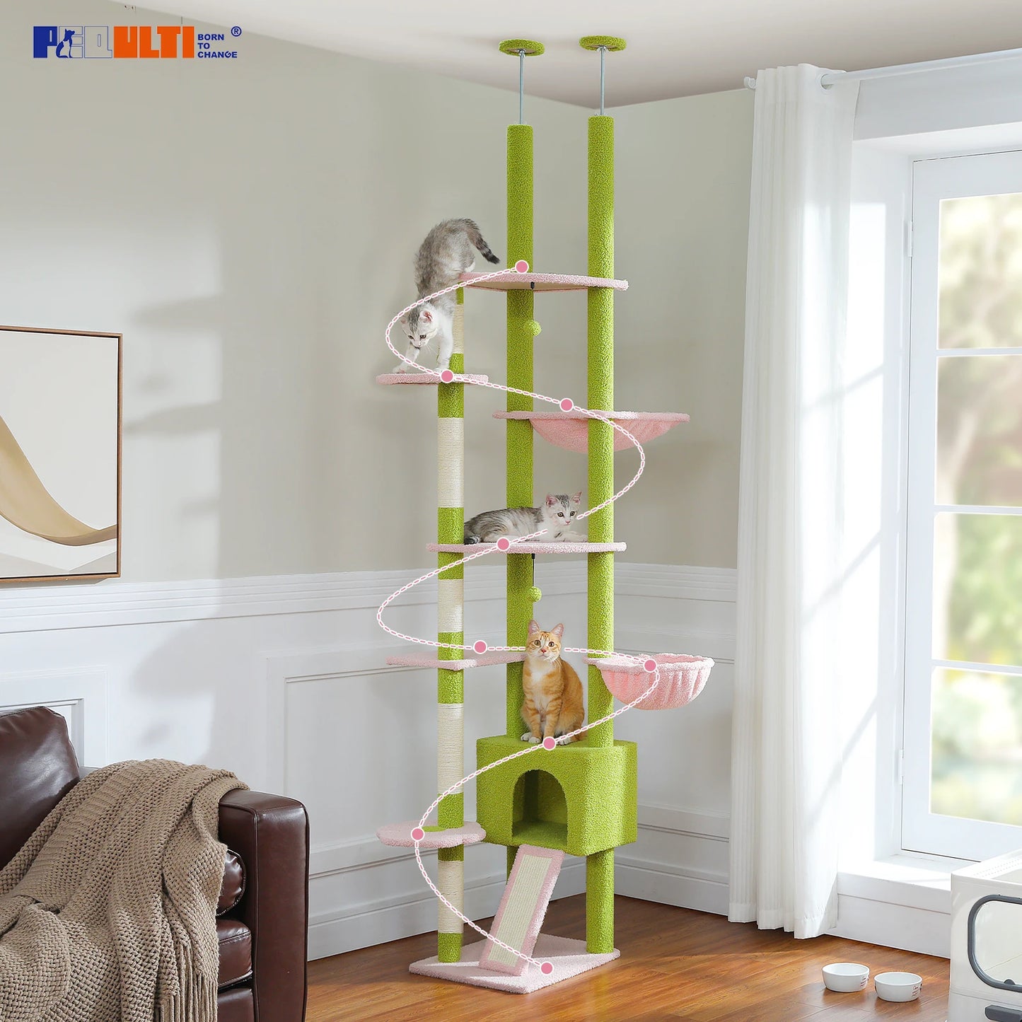 PETEPELA Cactus Cat Tree Floor To Ceiling Tower With Condo Hammock