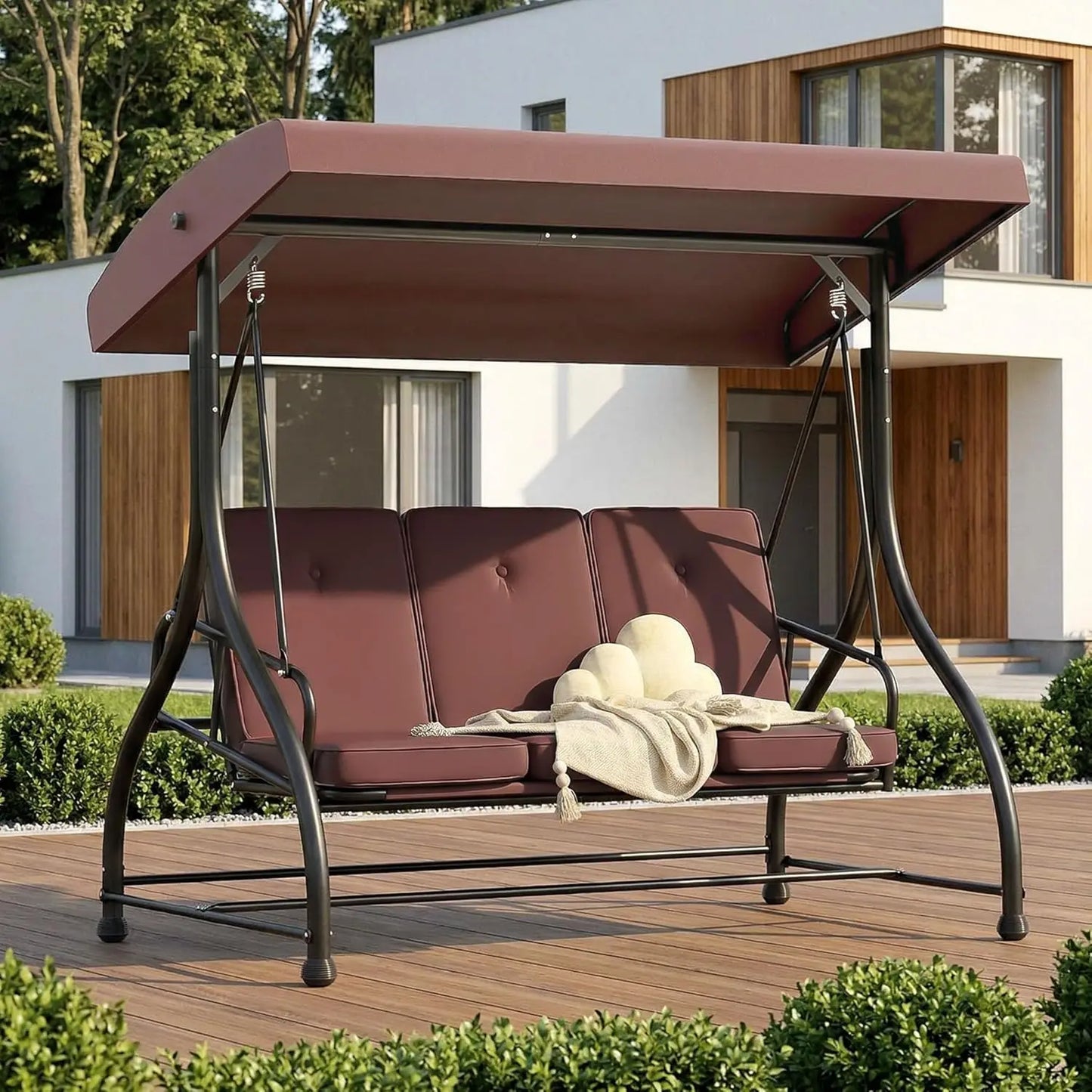 Three Seat Outdoor Patio Swing With Adjustable Canopy And Cushions