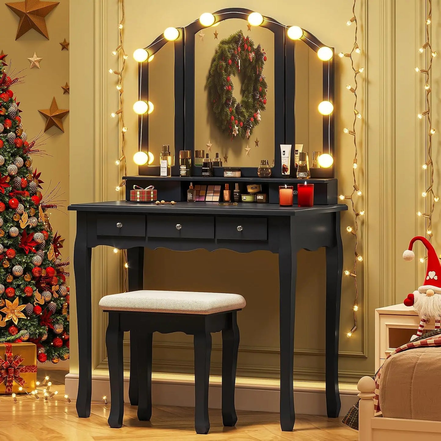 Makeup Vanity With Lights Tri Folding Mirror 10 Bulbs 3 Color Modes 5 Drawers