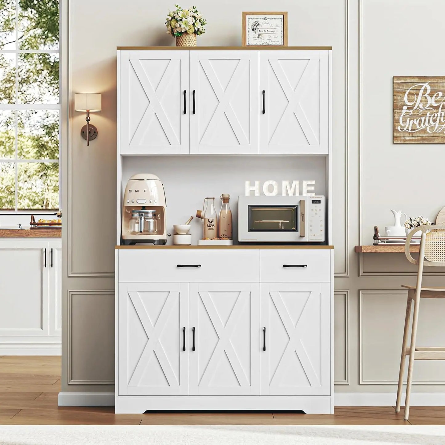 Chengwei Pantry Cabinet With Charging Station Farmhouse Style