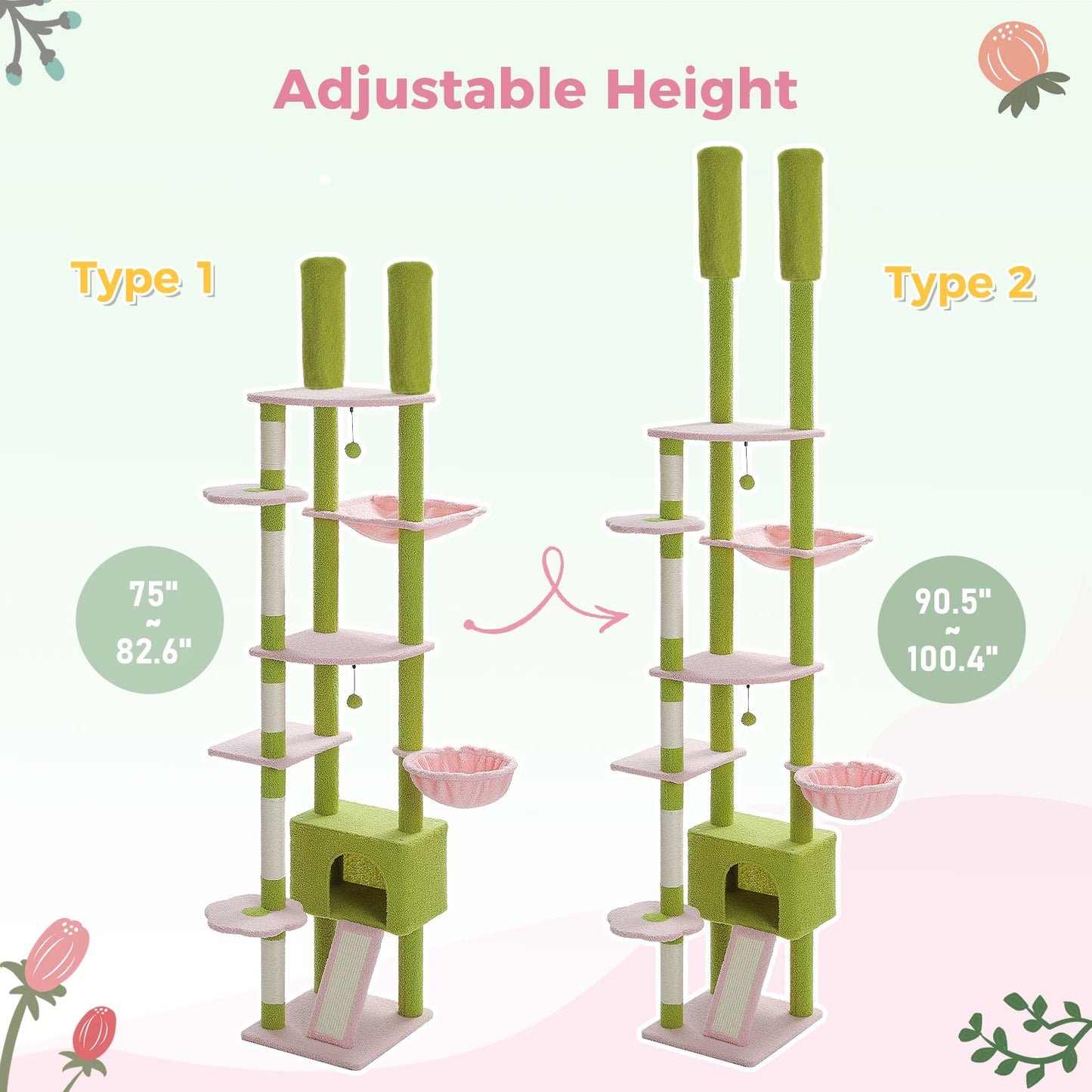 PETEPELA Cactus Cat Tree Floor To Ceiling Tower With Condo Hammock