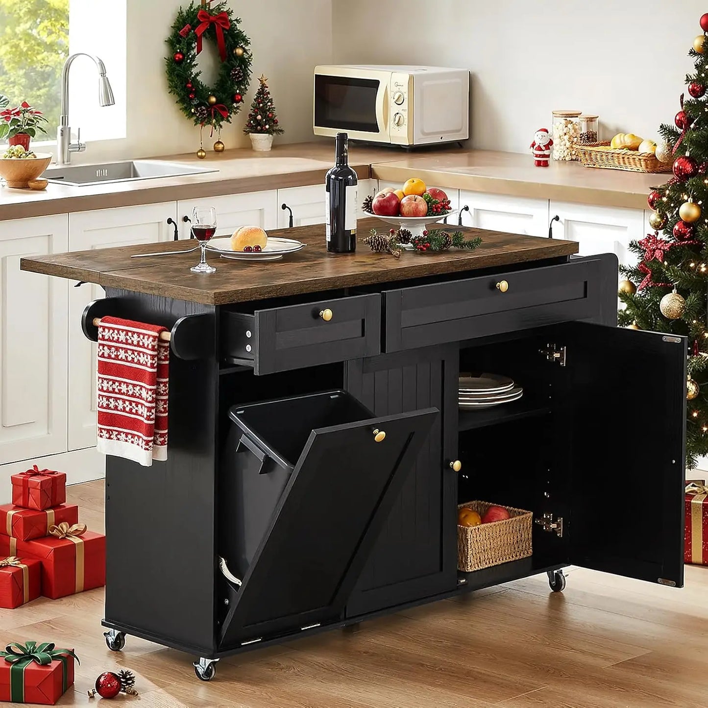 Kitchen Island With Power Outlet, Drop Leaf, Spice Rack, Knife Holder