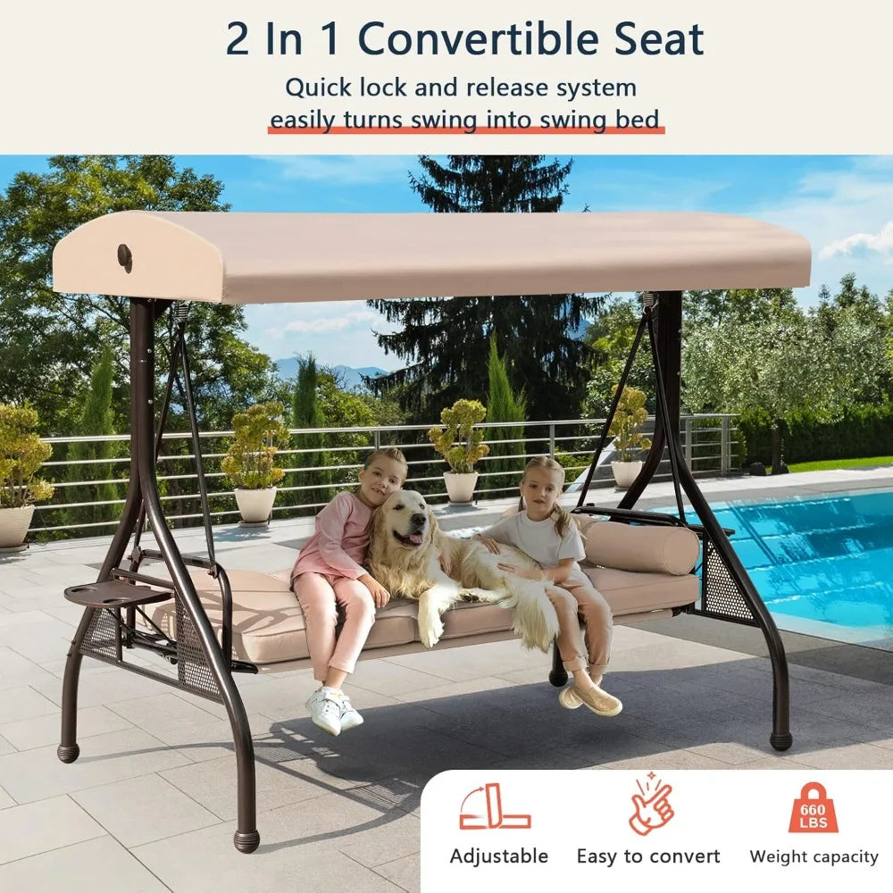 Patio Porch Swing 3-Seat Outdoor With Adjustable Canopy