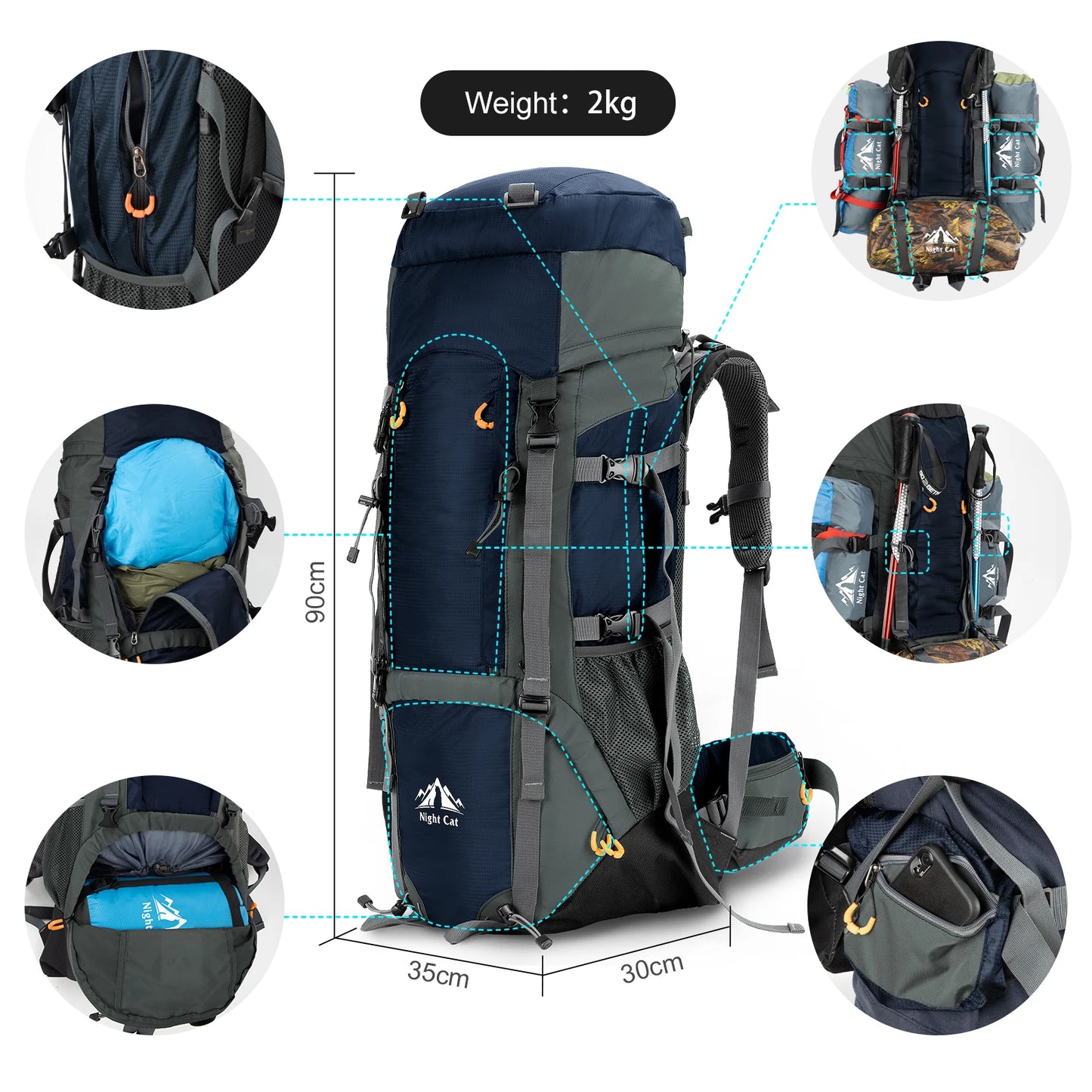 Night Cat Waterproof Internal Frame Hiking Backpack for Men Women