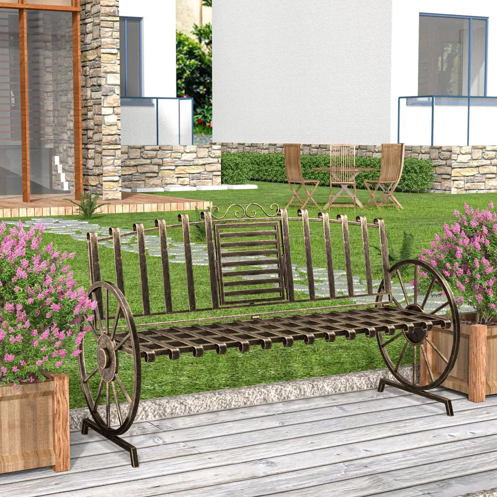 Patio Garden Bench With Builtin Table And Wagon Wheel Arms