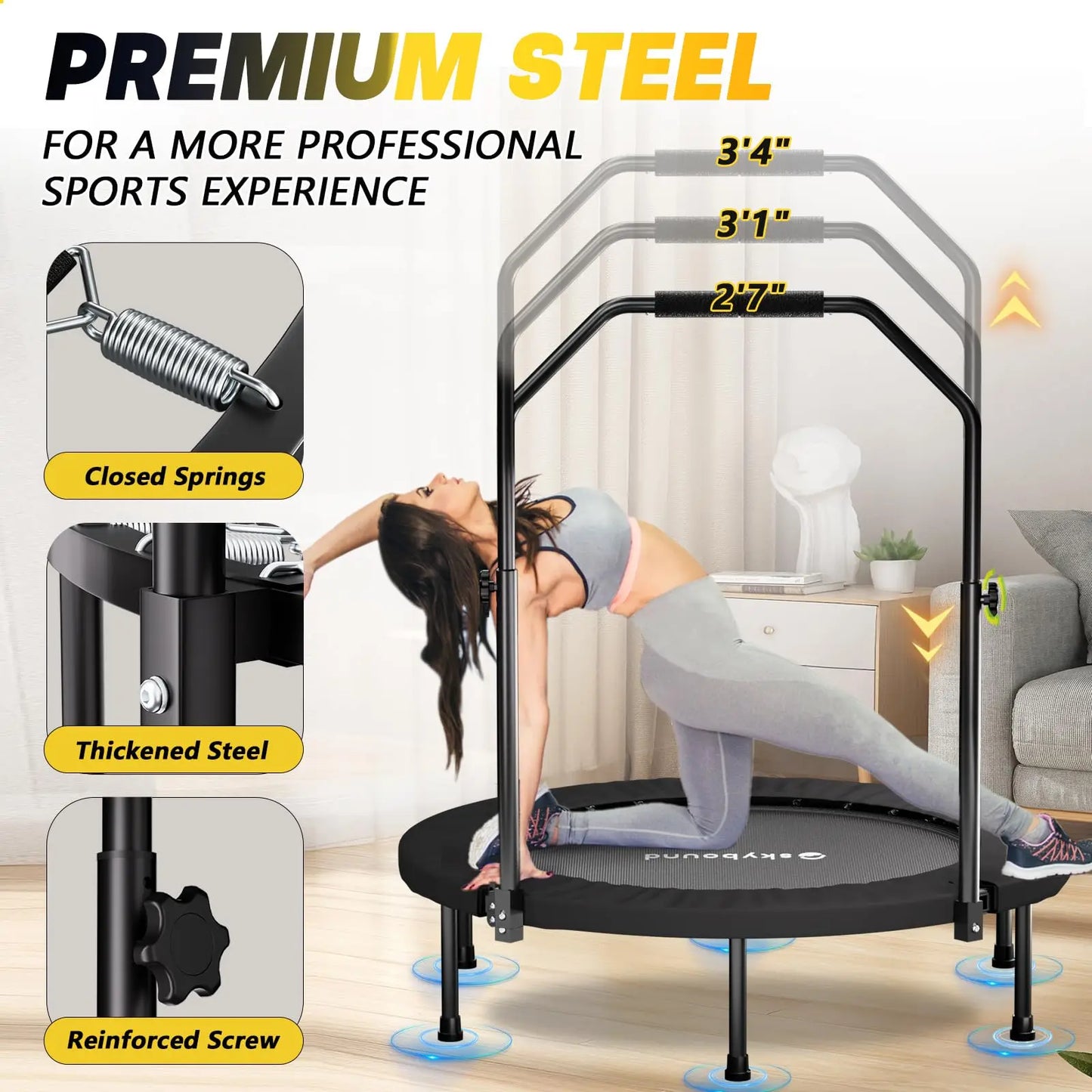 Foldable Rebounder Trampoline With Adjustable U Bar Handle For Adults