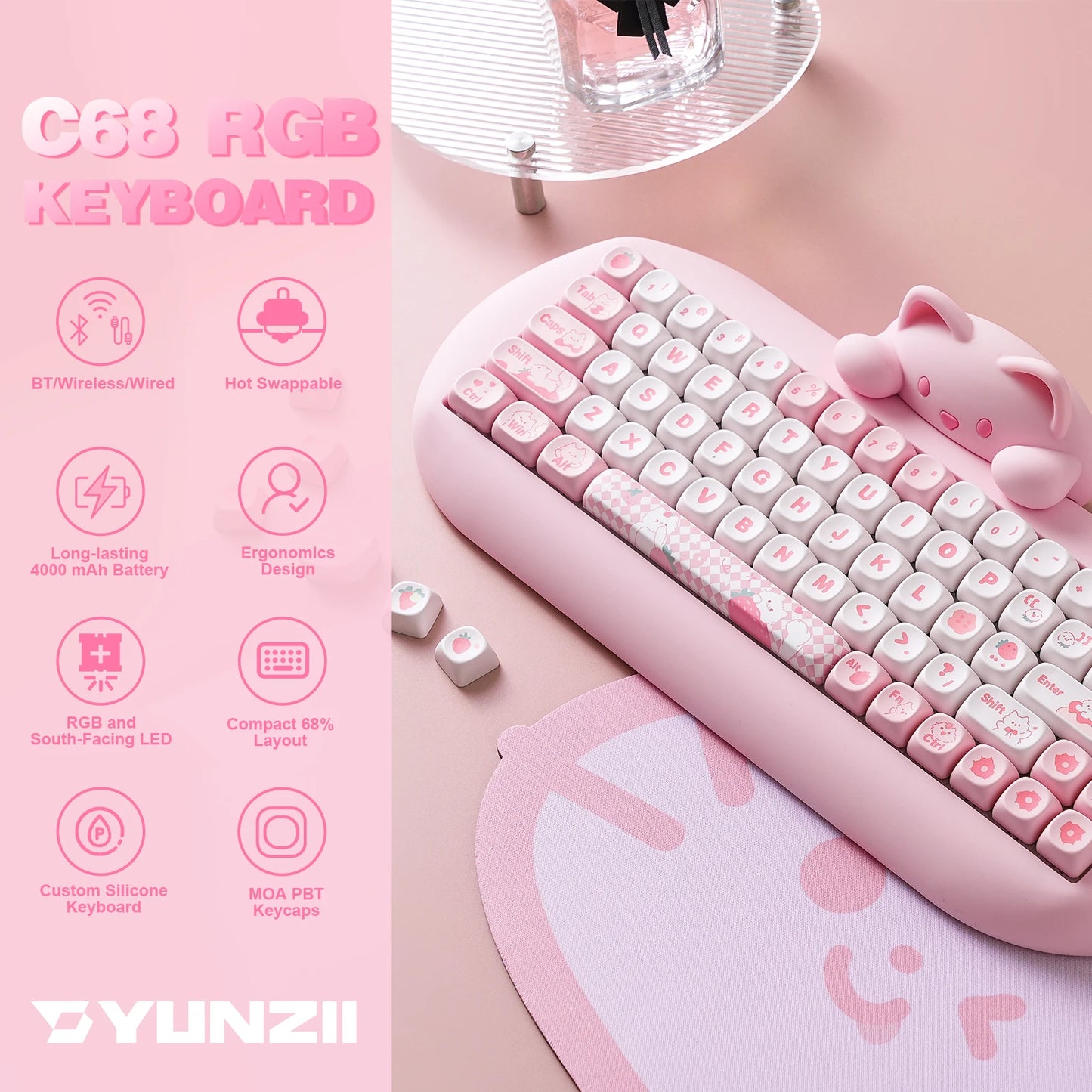 YUNZII C68 Wireless Gaming Keyboard With Custom RGB Lighting
