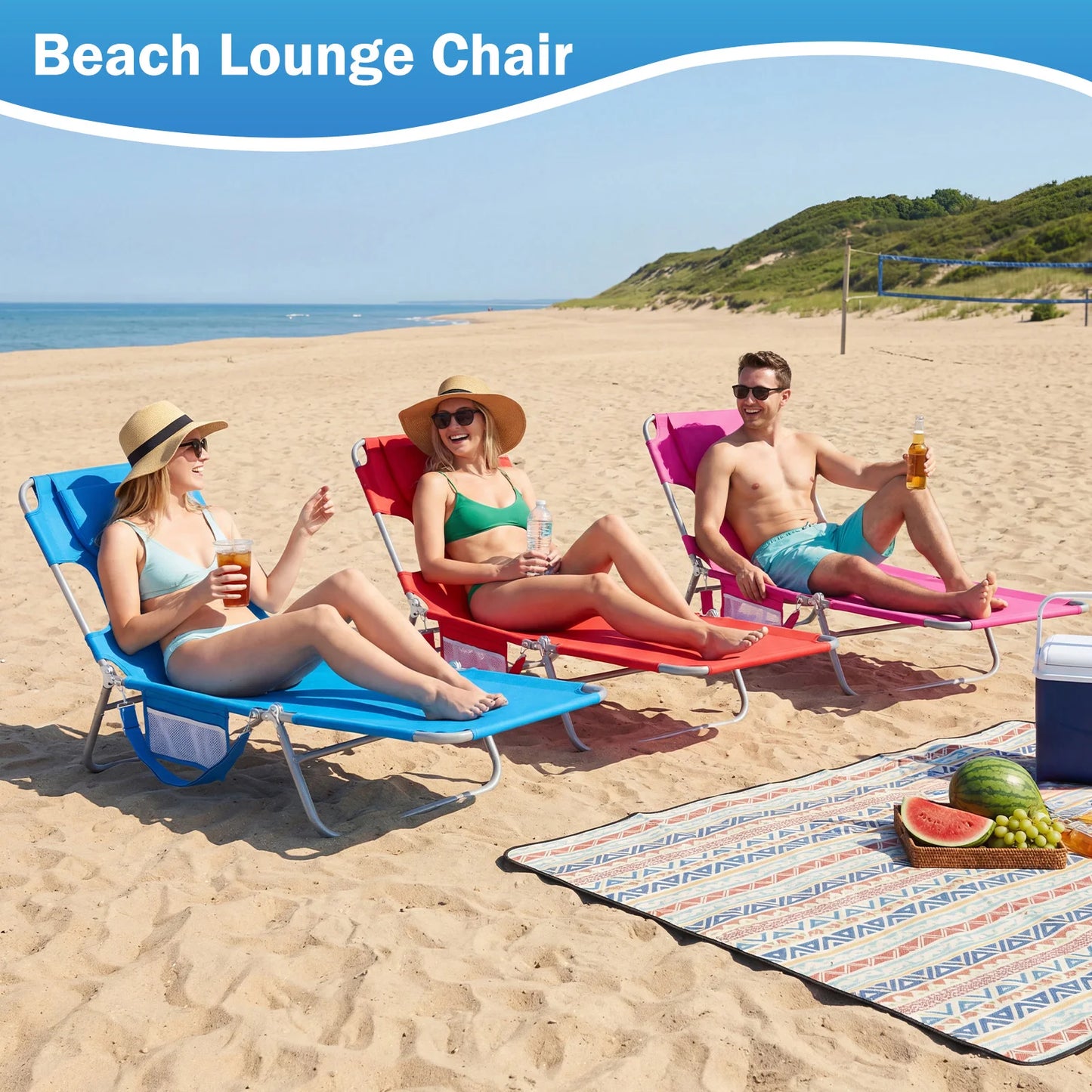 JHK 5 Position Adjustable Reclining Beach Lounge Chair With Face Arm Holes