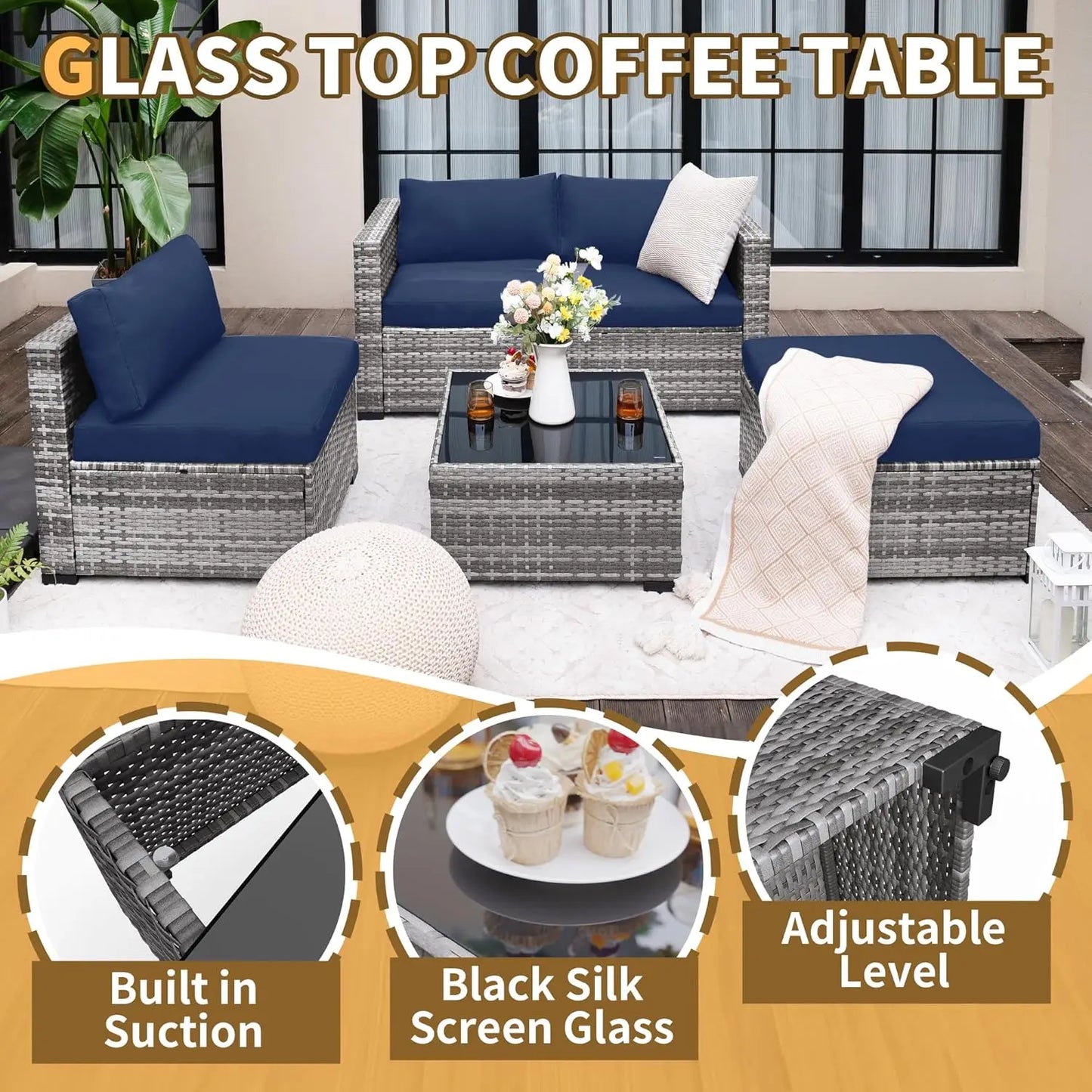 5 Piece Patio Furniture Set All-Weather Wicker Outdoor Sectional