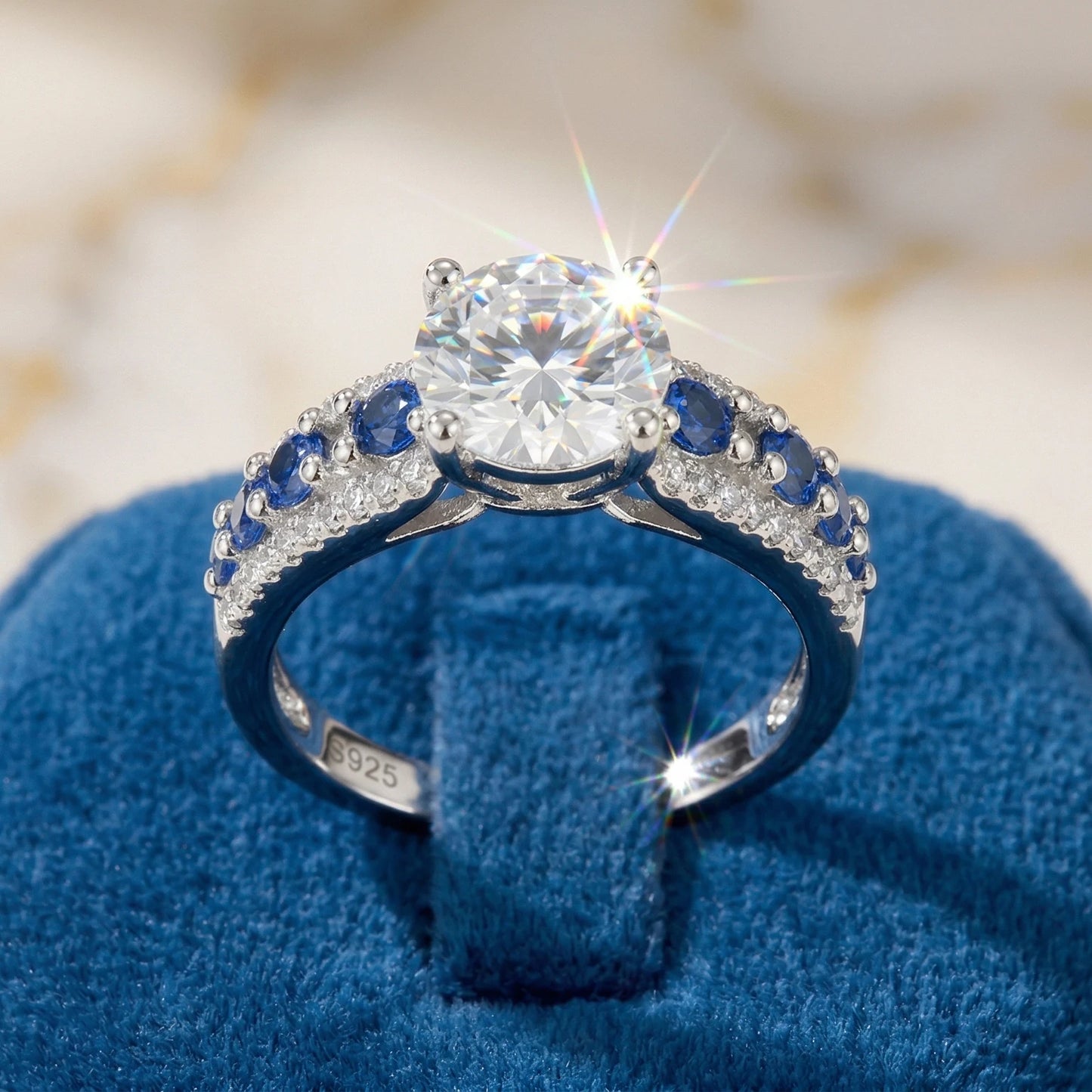 Moissanite Ring 925 Silver D Color VVS1 Sapphire Side Stones
