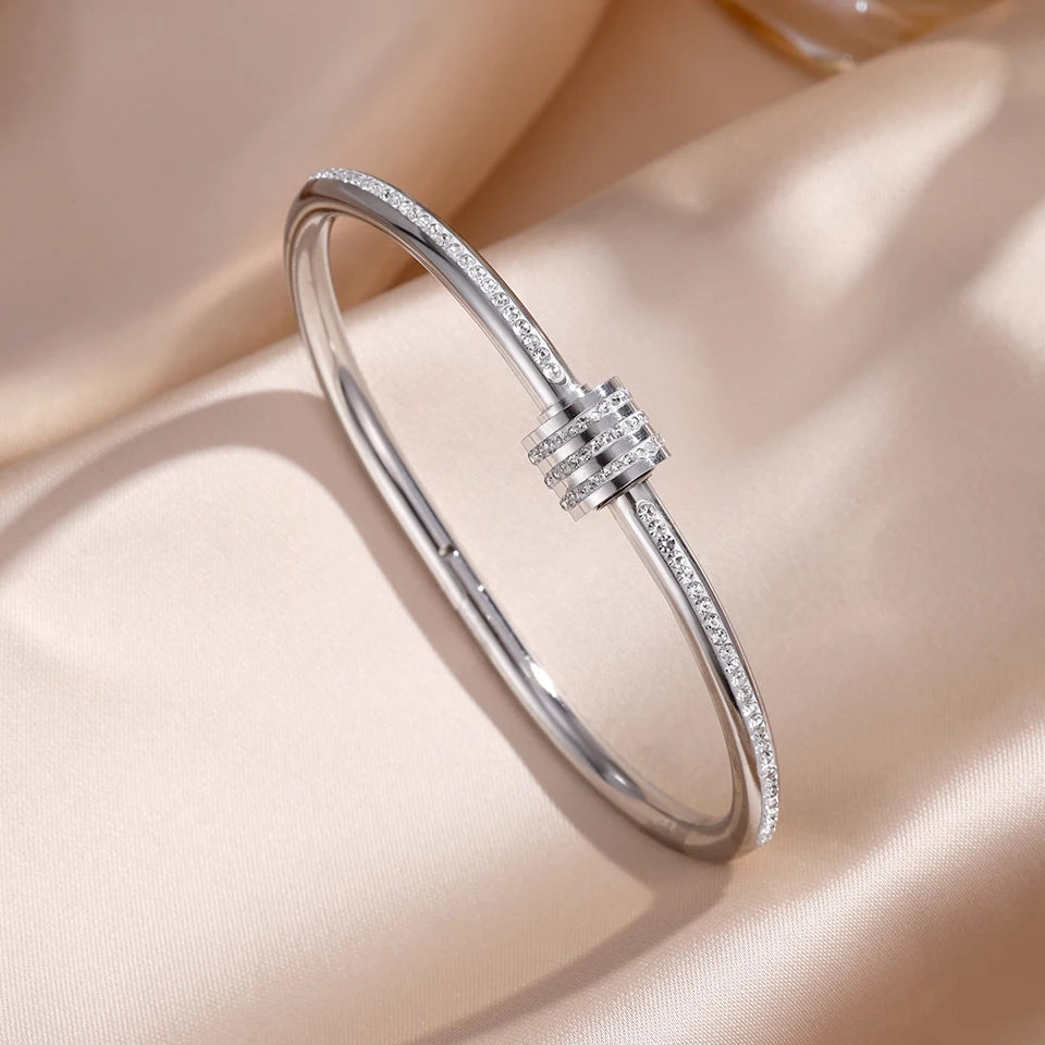 Sparkling Zirconia Inlaid Stainless Steel Stackable Bracelet Set For Women
