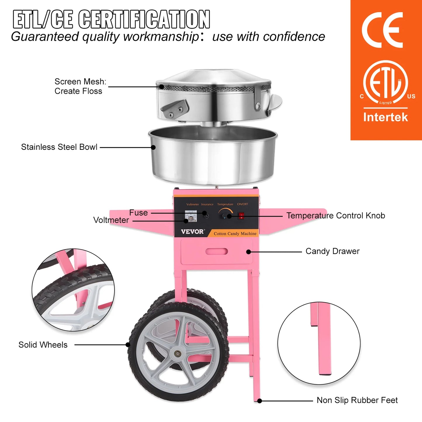 SucceBuy Commercial Cotton Candy Machine With Cart 1000W
